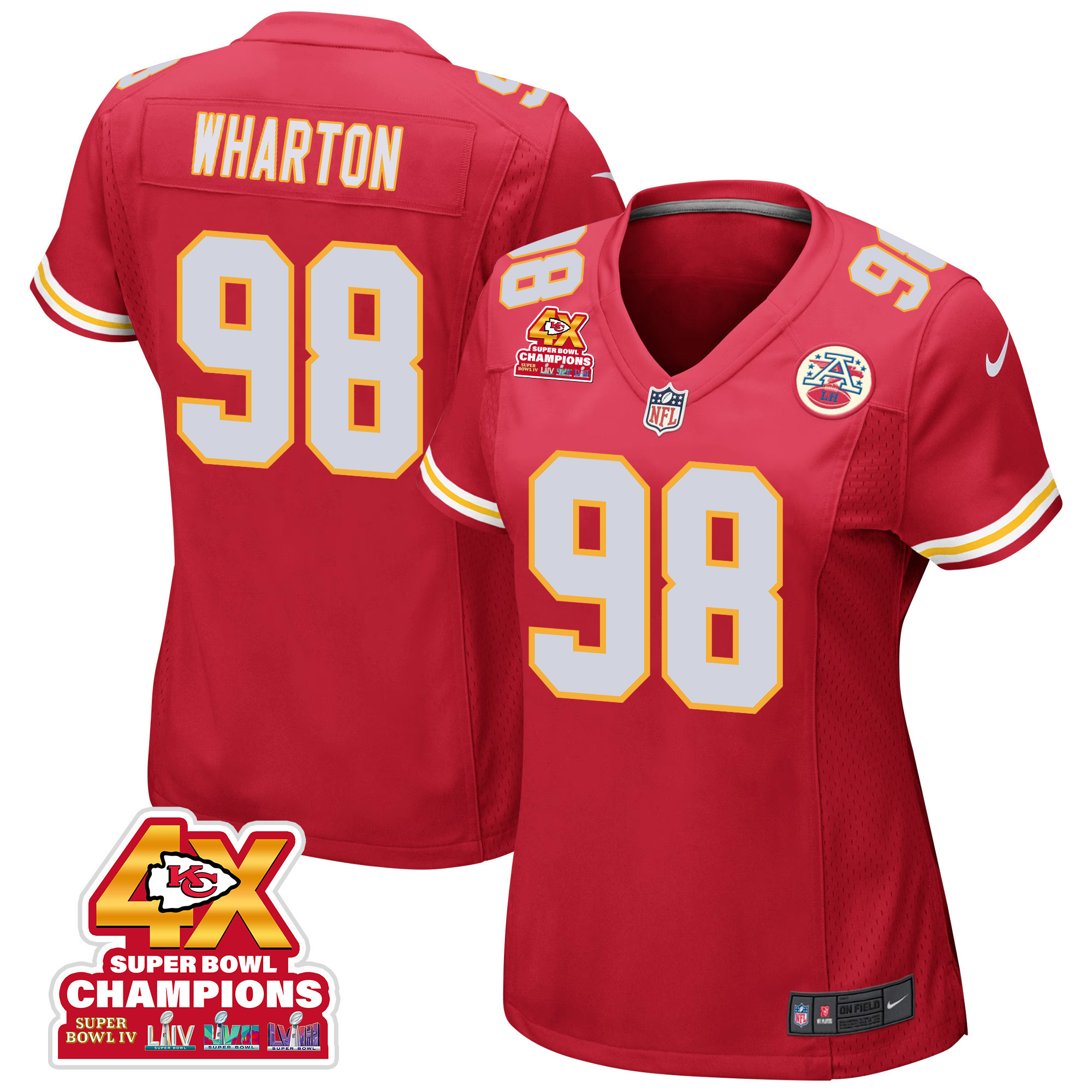 Tershawn Wharton 98 Kansas City Chiefs Super Bowl LVIII Champions 4X Game Women Jersey - Red JS8526 Saliibo