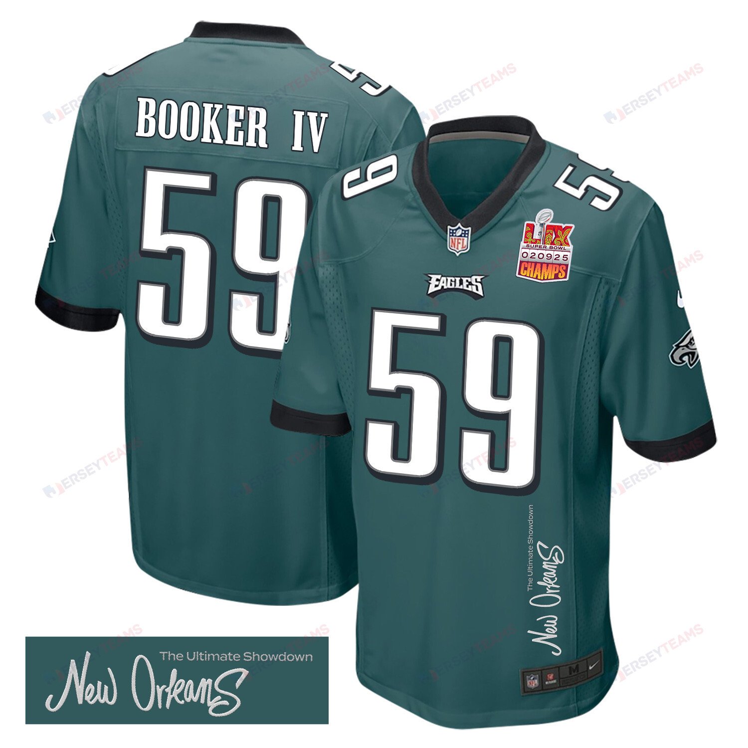 Thomas Booker IV 59 Philadelphia Eagles Super Bowl LIX Champions Patch 'New Orleans - The Ultimate Showdown' EMBROIDERED Game Men Jersey - Midnight Green JS1336 Saliibo