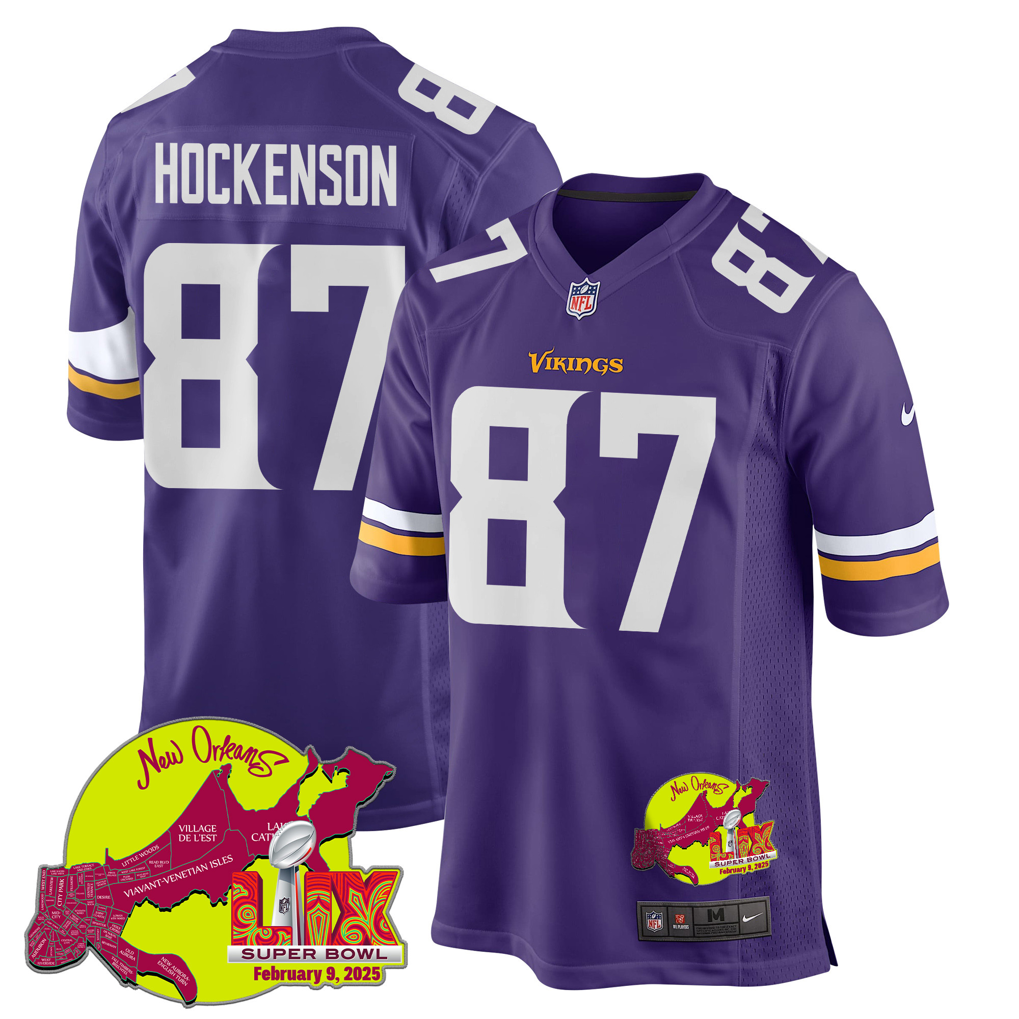 T.J. Hockenson 87 Minnesota Vikings Super Bowl LIX New Orleans Patch Game Men Jersey - Purple JS7814 Saliibo