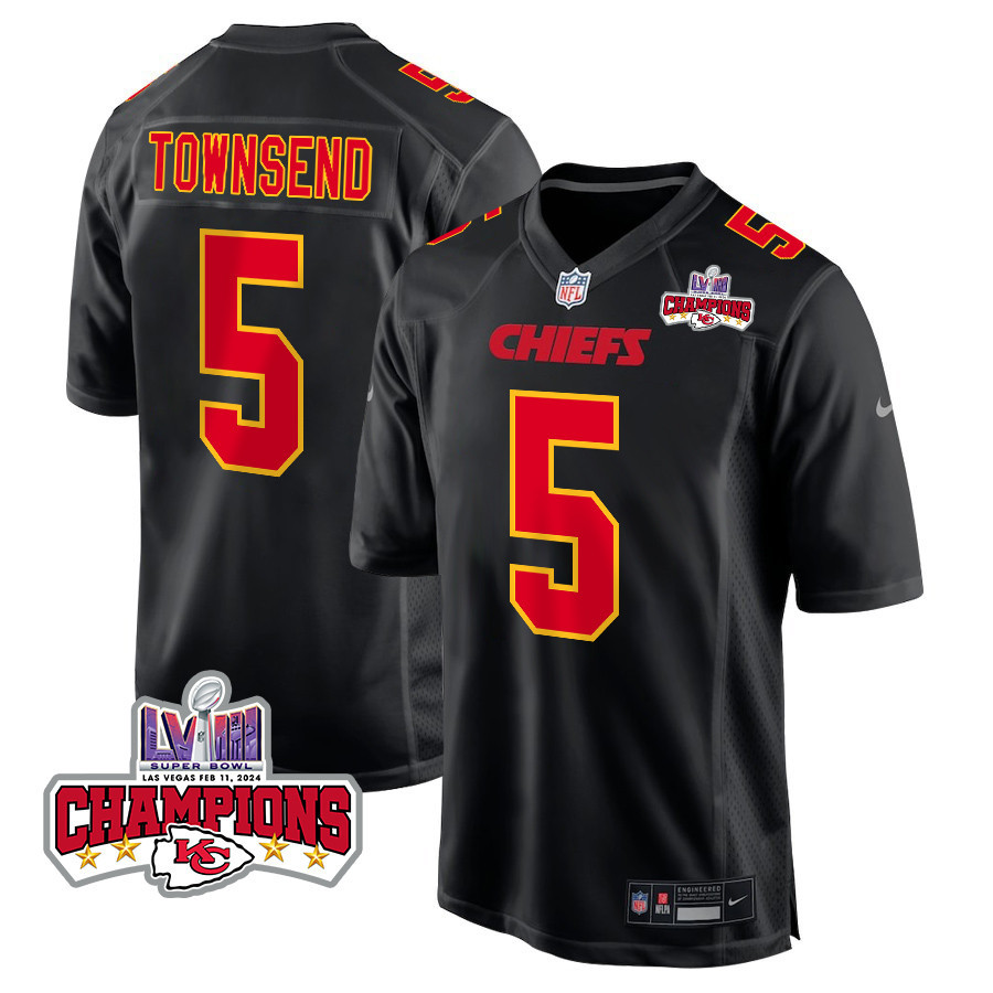 Tommy Townsend 5 Kansas City Chiefs Super Bowl LVIII Champions 4 Stars Patch Fashion Game Men Jersey - Carbon Black JS3916 Saliibo