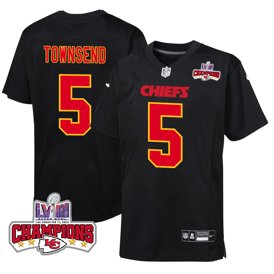 Tommy Townsend 5 Kansas City Chiefs Super Bowl LVIII Champions 4 Stars Patch Fashion Game YOUTH Jersey - Carbon Black JS8995 Saliibo