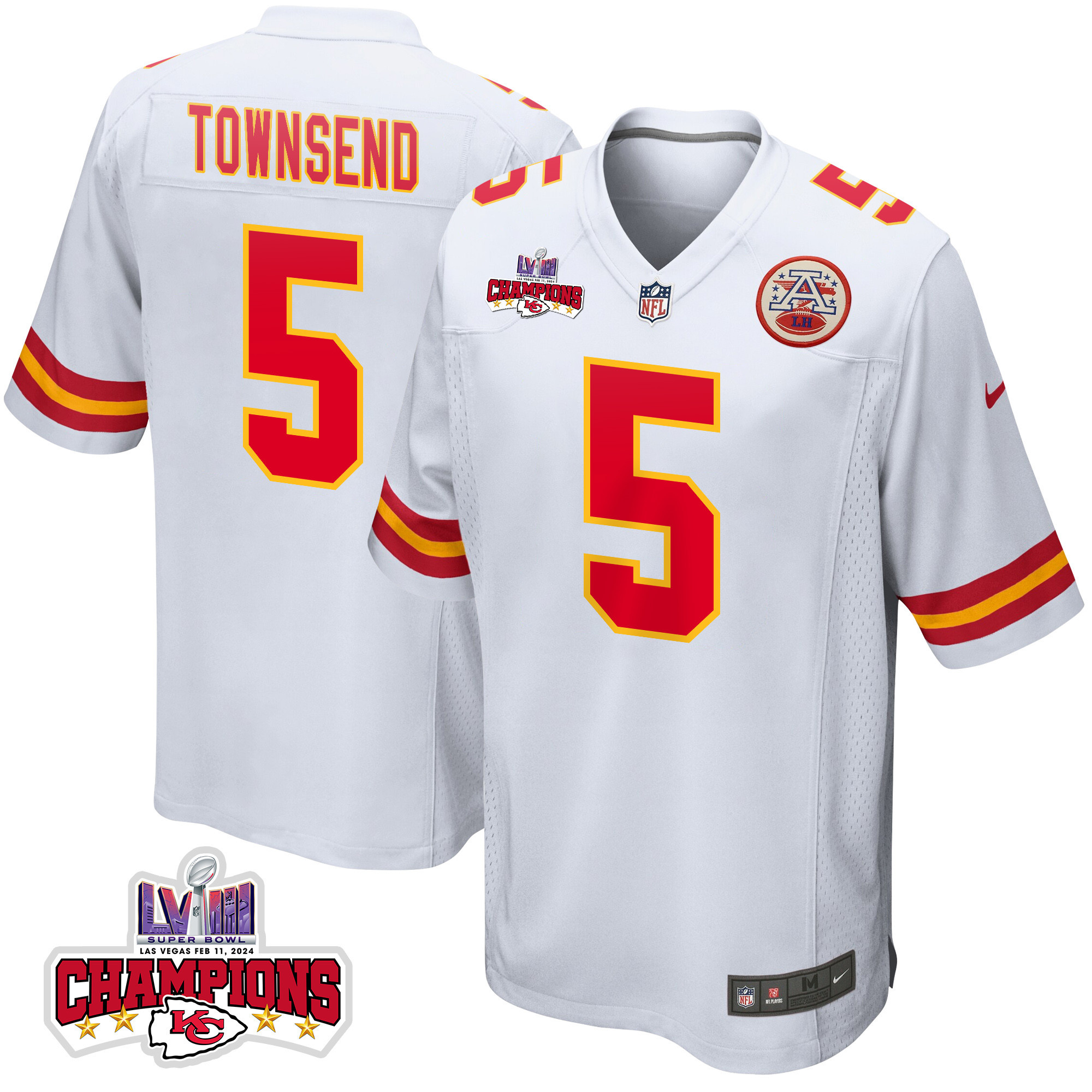 Tommy Townsend 5 Kansas City Chiefs Super Bowl LVIII Champions 4 Stars Patch Game Men Jersey - White JS1813 Saliibo