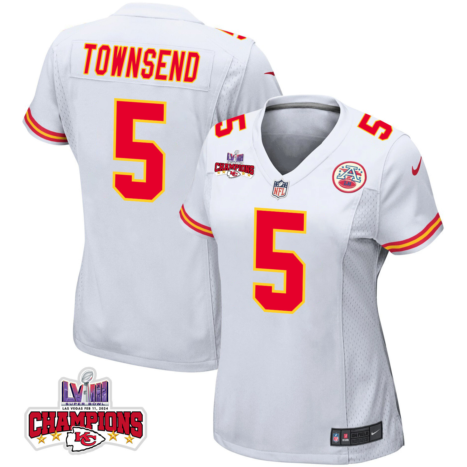 Tommy Townsend 5 Kansas City Chiefs Super Bowl LVIII Champions 4 Stars Patch Game Women Jersey - White JS9797 Saliibo