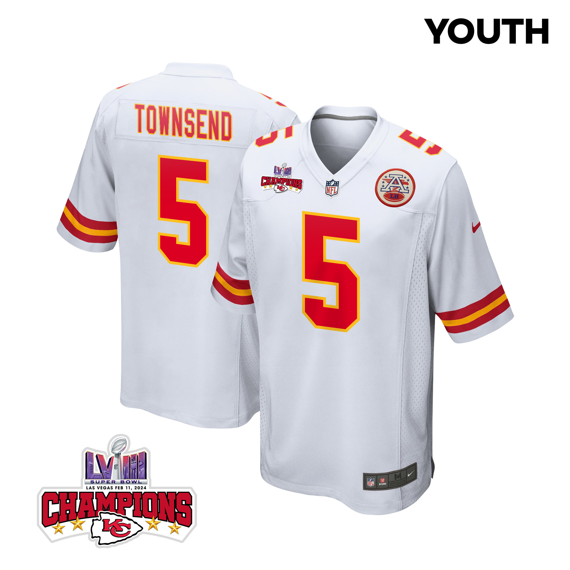 Tommy Townsend 5 Kansas City Chiefs Super Bowl LVIII Champions 4 Stars Patch Game YOUTH Jersey - White JS2708 Saliibo