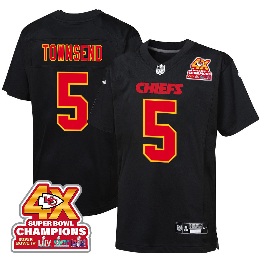 Tommy Townsend 5 Kansas City Chiefs Super Bowl LVIII Champions 4X Fashion Game YOUTH Jersey - Carbon Black JS4348 Saliibo