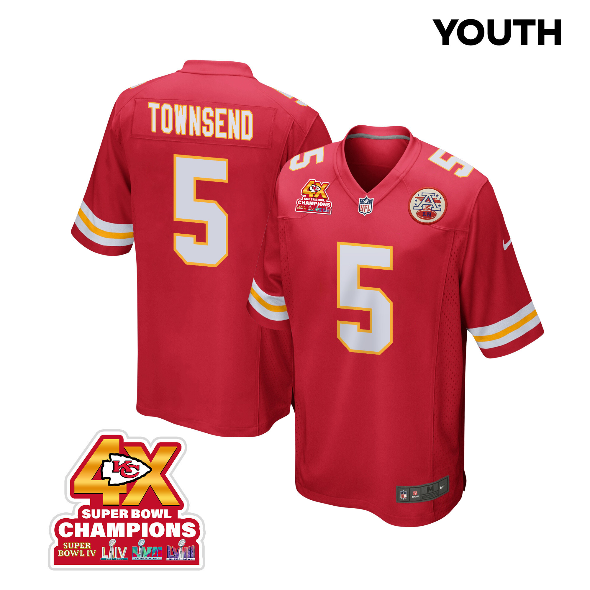Tommy Townsend 5 Kansas City Chiefs Super Bowl LVIII Champions 4X Game YOUTH Jersey - Red JS8324 Saliibo