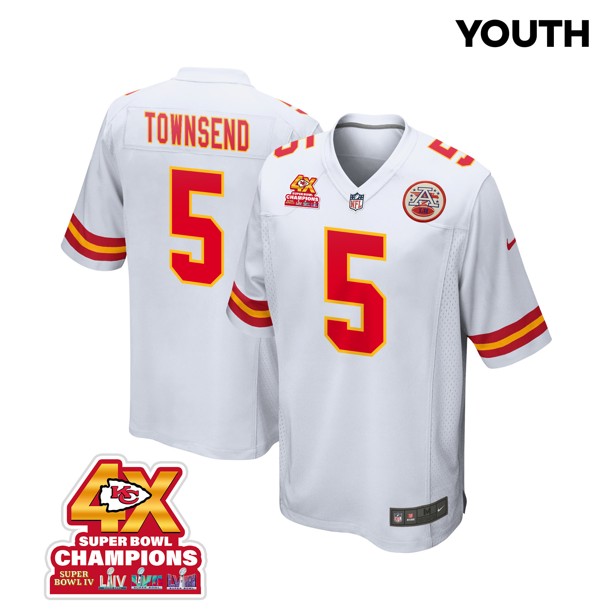 Tommy Townsend 5 Kansas City Chiefs Super Bowl LVIII Champions 4X Game YOUTH Jersey - White JS2859 Saliibo