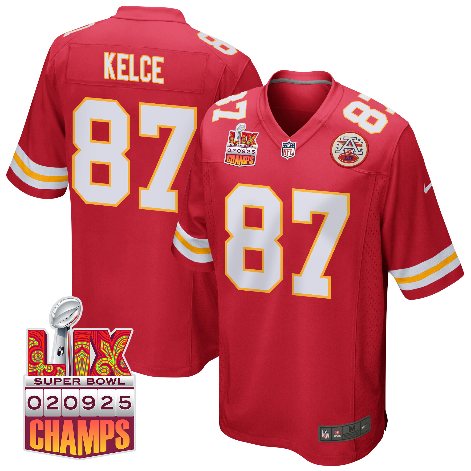 Travis Kelce 87 Kansas City Chiefs Super Bowl LIX Champions Patch Game Men Jersey - Red JS8426 Saliibo