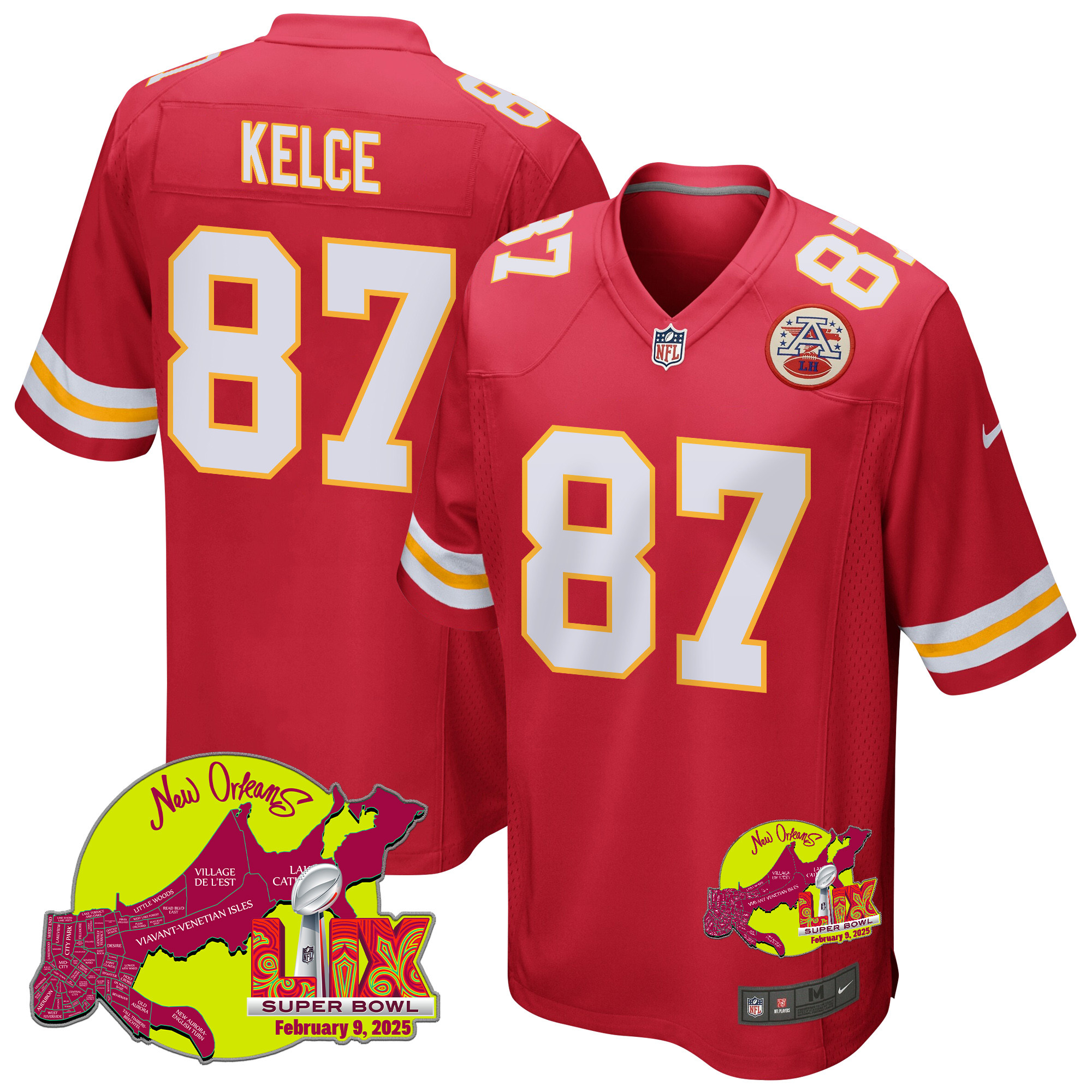 Travis Kelce 87 Kansas City Chiefs Super Bowl LIX New Orleans Patch Game Men Jersey - Red JS3309 Saliibo