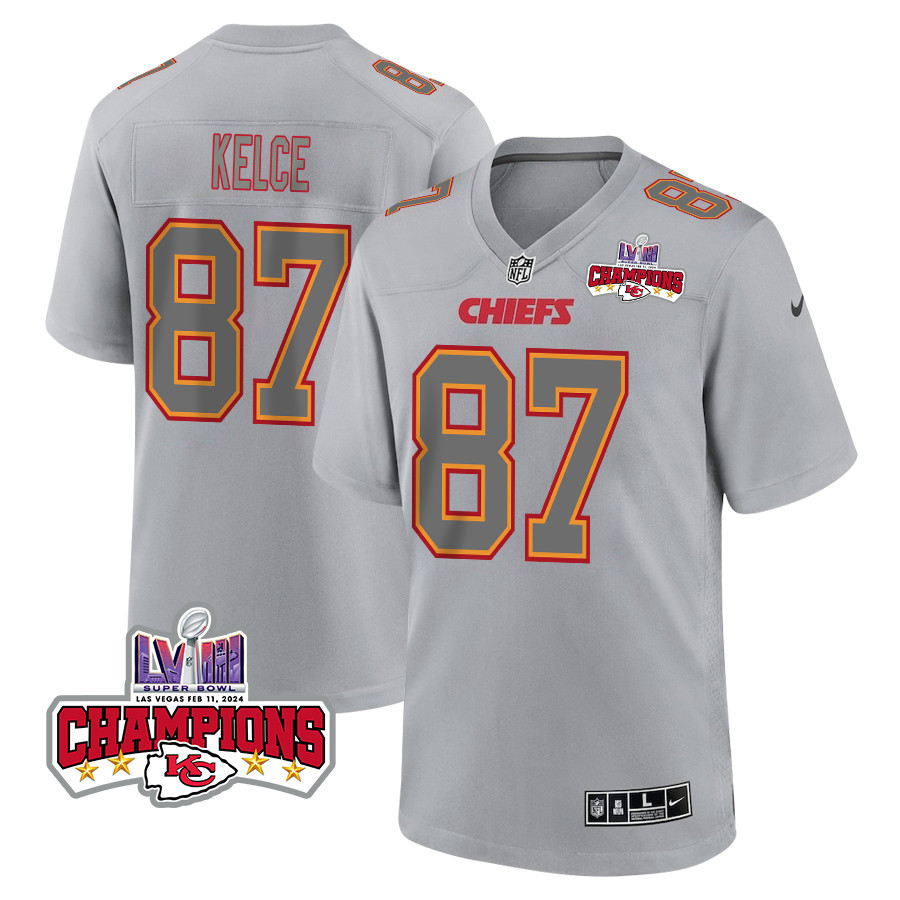 Travis Kelce 87 Kansas City Chiefs Super Bowl LVIII Champions 4 Stars Patch Atmosphere Fashion Game Men Jersey - Gray JS2299 Saliibo
