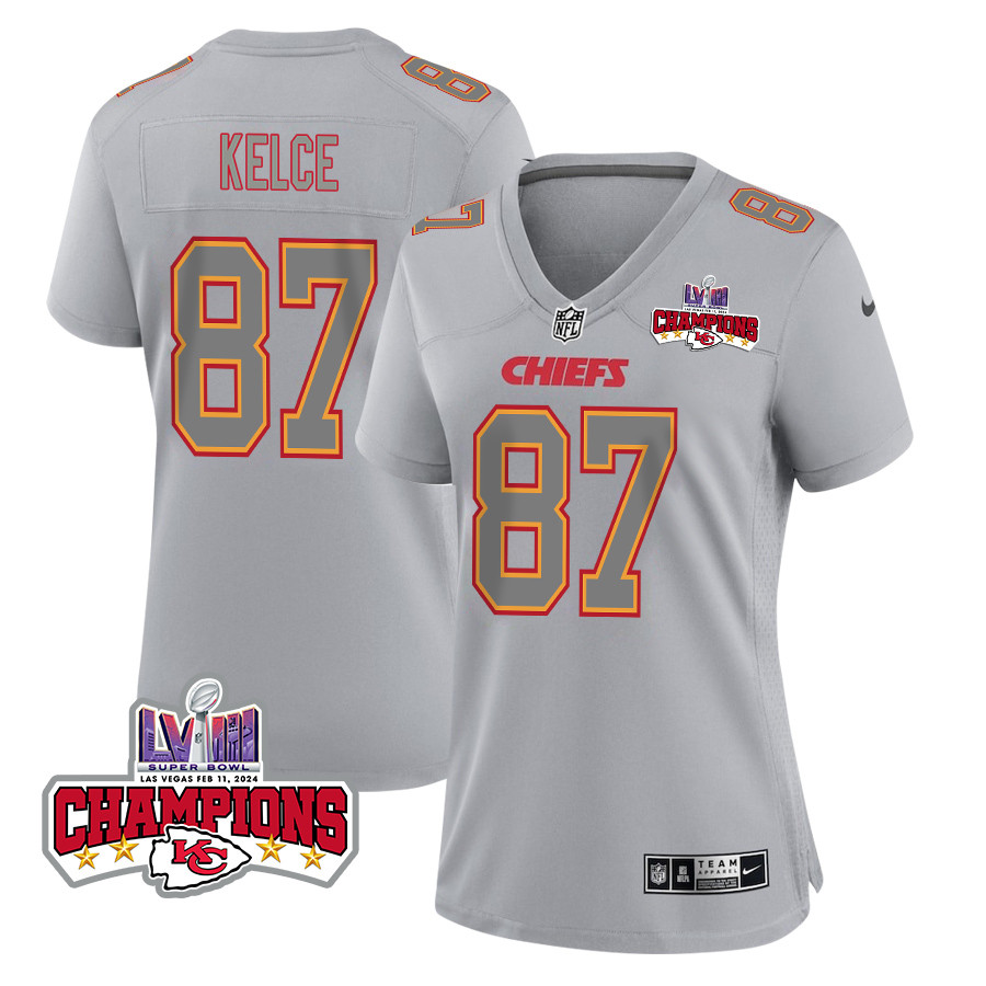 Travis Kelce 87 Kansas City Chiefs Super Bowl LVIII Champions 4 Stars Patch Atmosphere Fashion Game Women Jersey - Gray JS2142 Saliibo