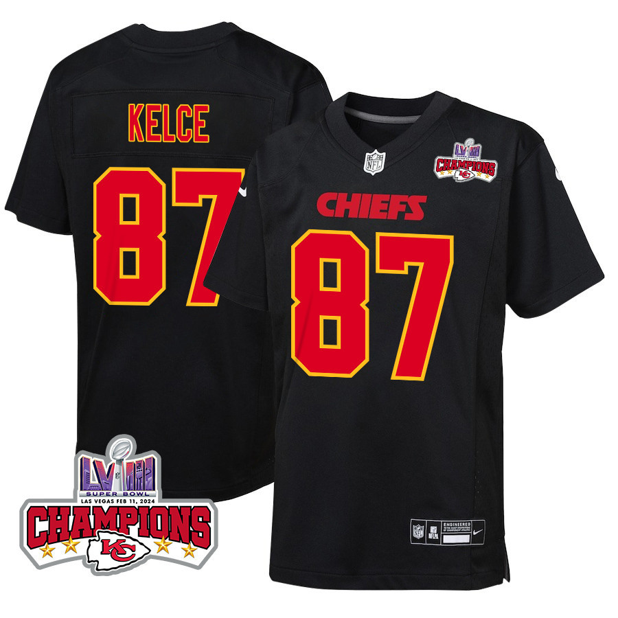 Travis Kelce 87 Kansas City Chiefs Super Bowl LVIII Champions 4 Stars Patch Fashion Game YOUTH Jersey - Carbon Black JS7370 Saliibo