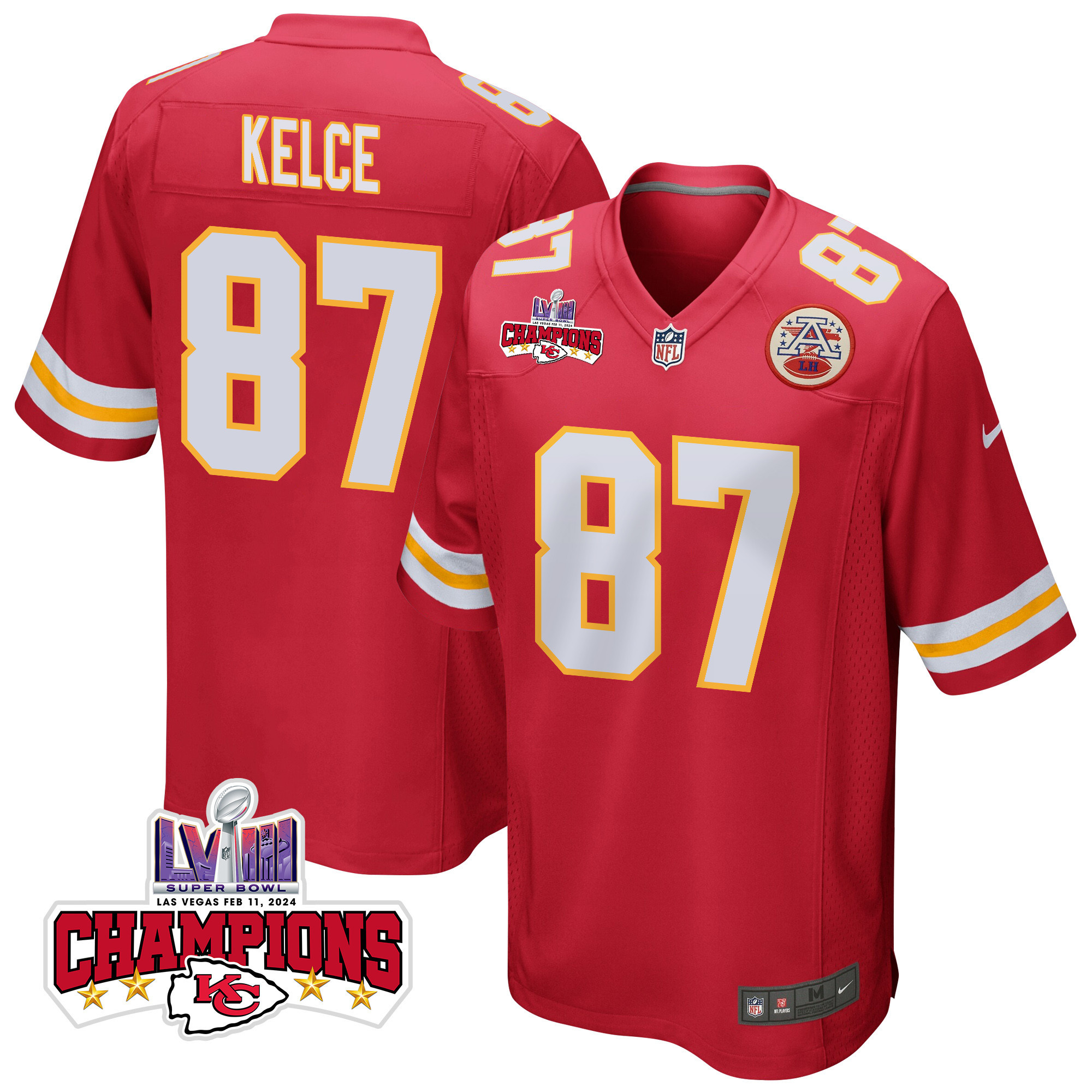 Travis Kelce 87 Kansas City Chiefs Super Bowl LVIII Champions 4 Stars Patch Game Men Jersey - Red JS3877 Saliibo