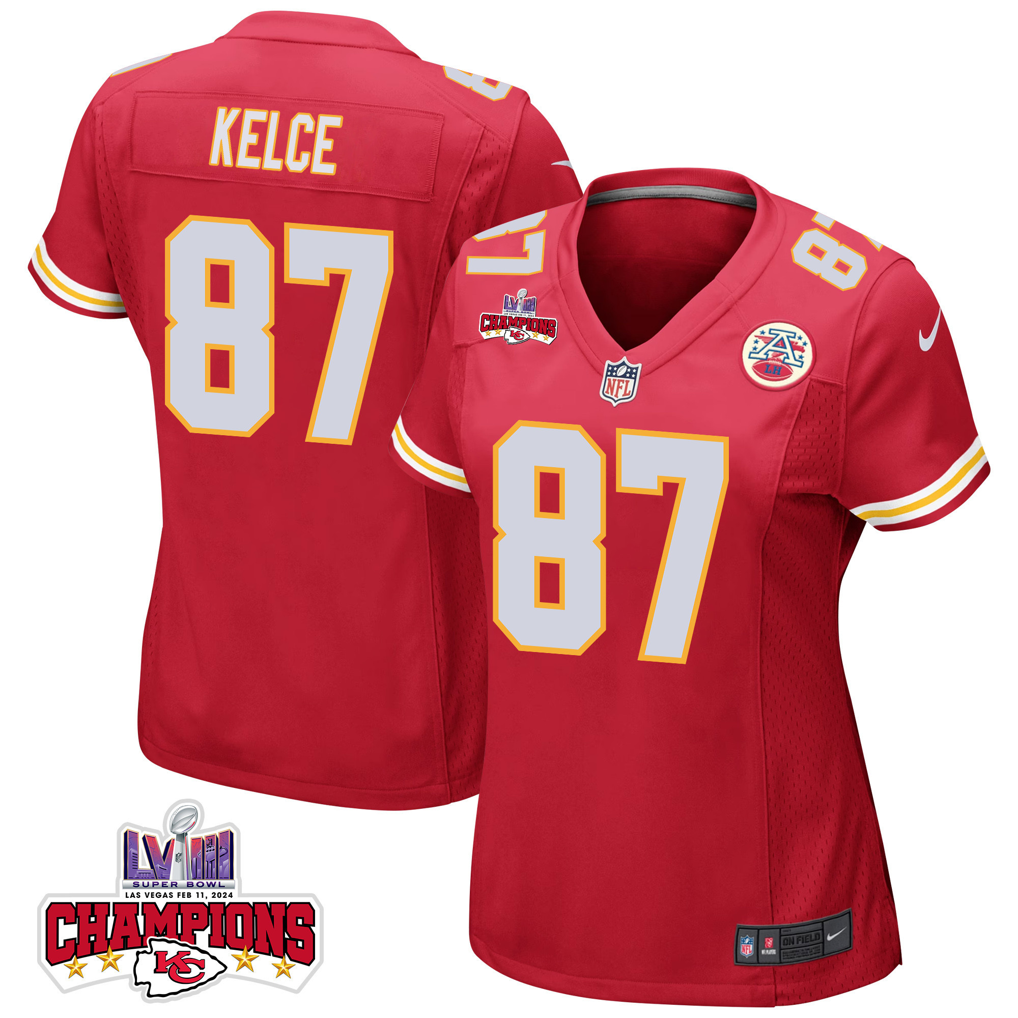 Travis Kelce 87 Kansas City Chiefs Super Bowl LVIII Champions 4 Stars Patch Game Women Jersey - Red JS4012 Saliibo