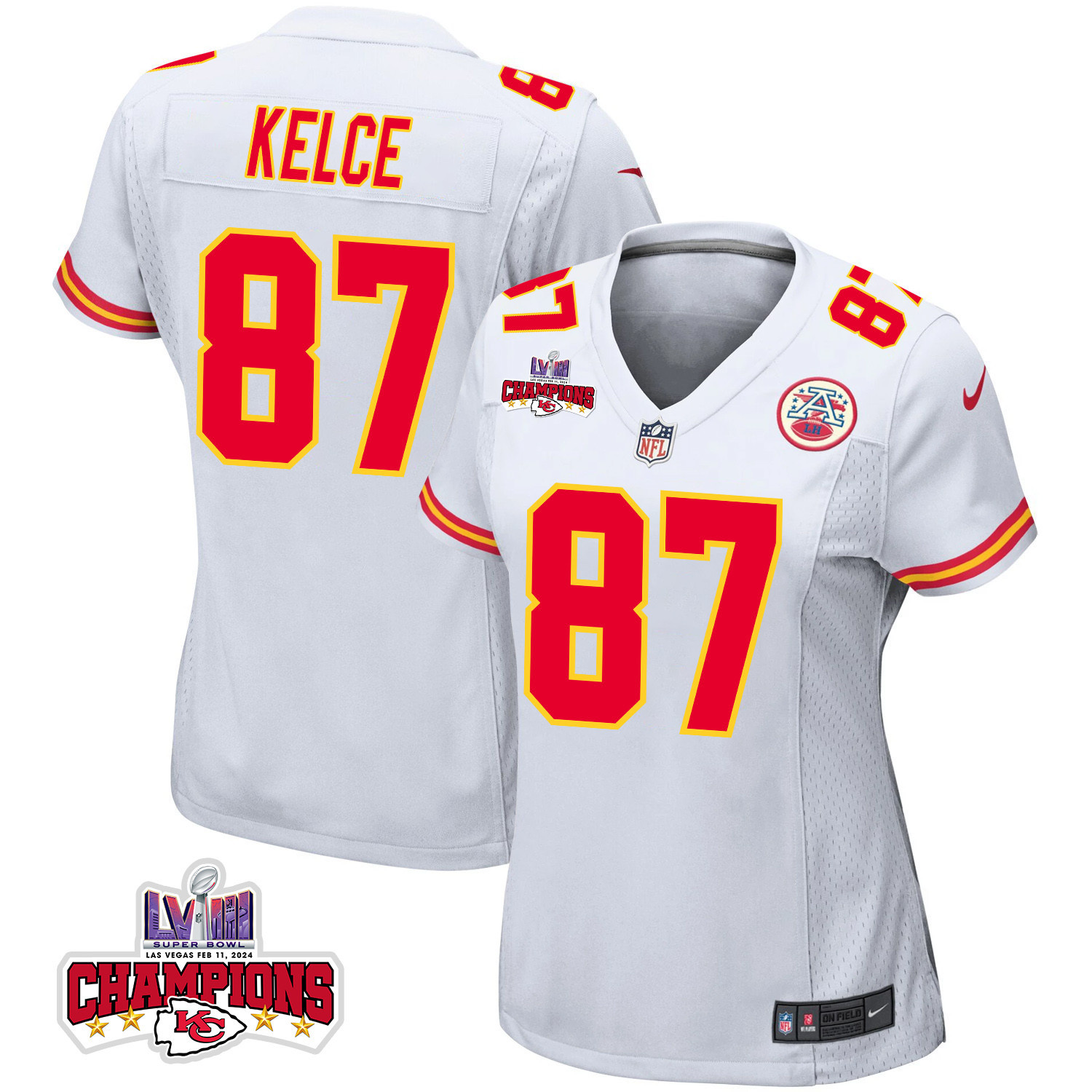 Travis Kelce 87 Kansas City Chiefs Super Bowl LVIII Champions 4 Stars Patch Game Women Jersey - White JS2134 Saliibo