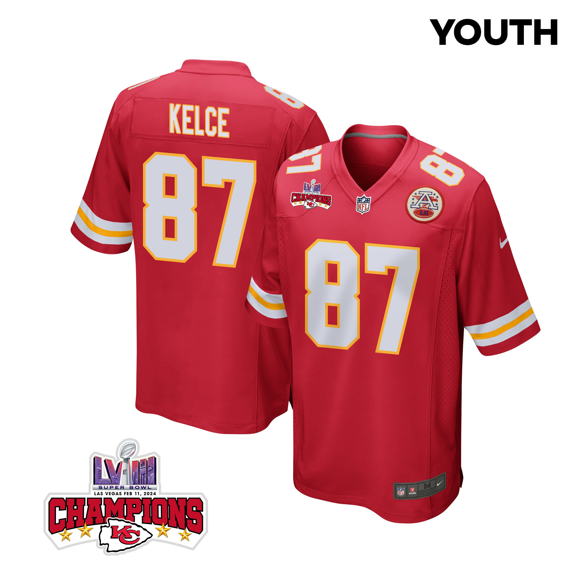 Travis Kelce 87 Kansas City Chiefs Super Bowl LVIII Champions 4 Stars Patch Game YOUTH Jersey - Red JS8378 Saliibo