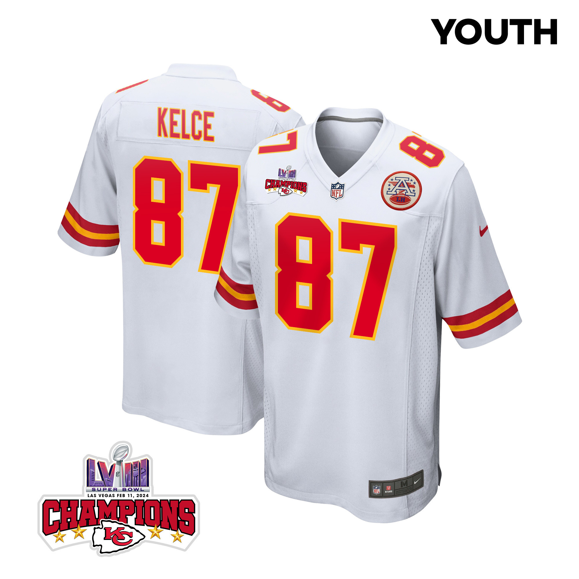 Travis Kelce 87 Kansas City Chiefs Super Bowl LVIII Champions 4 Stars Patch Game YOUTH Jersey - White JS6773 Saliibo