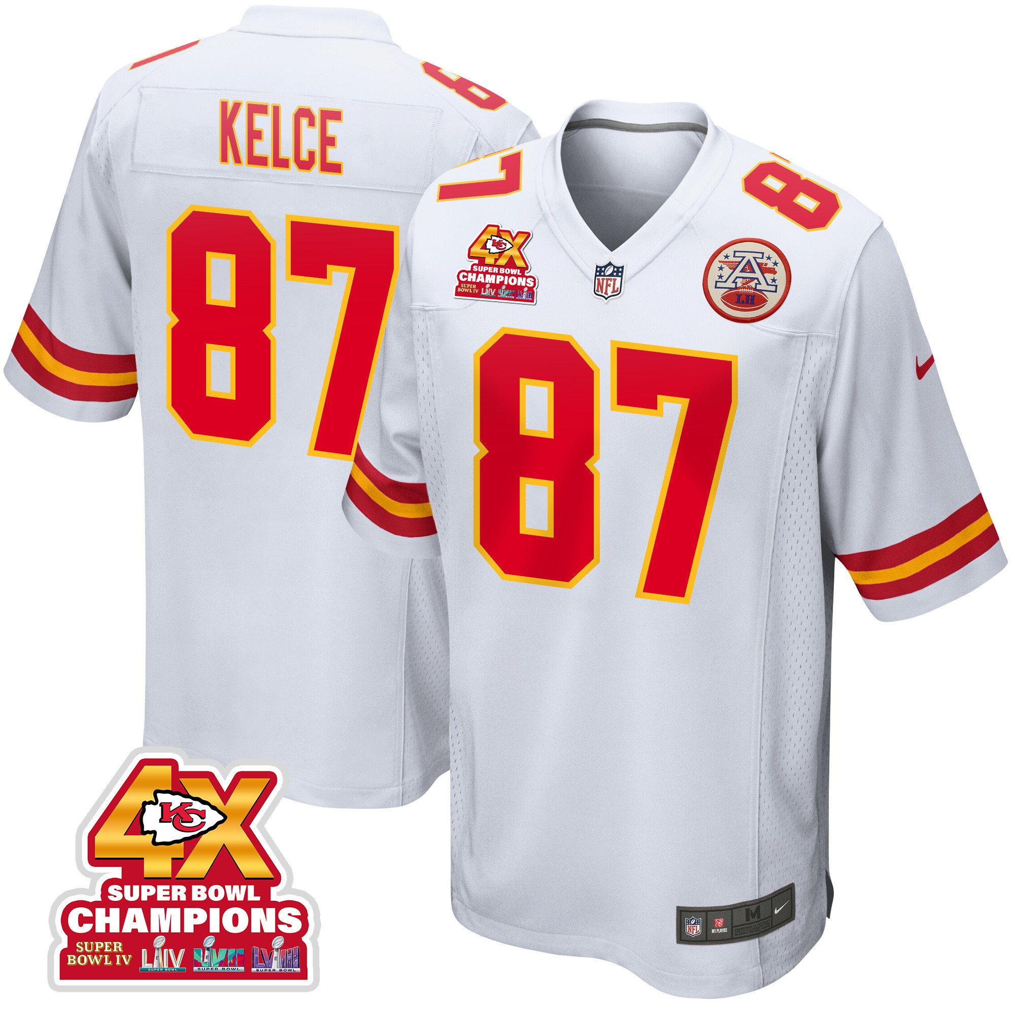 Travis Kelce 87 Kansas City Chiefs Super Bowl LVIII Champions 4X Game Men Jersey - White JS1737 Saliibo