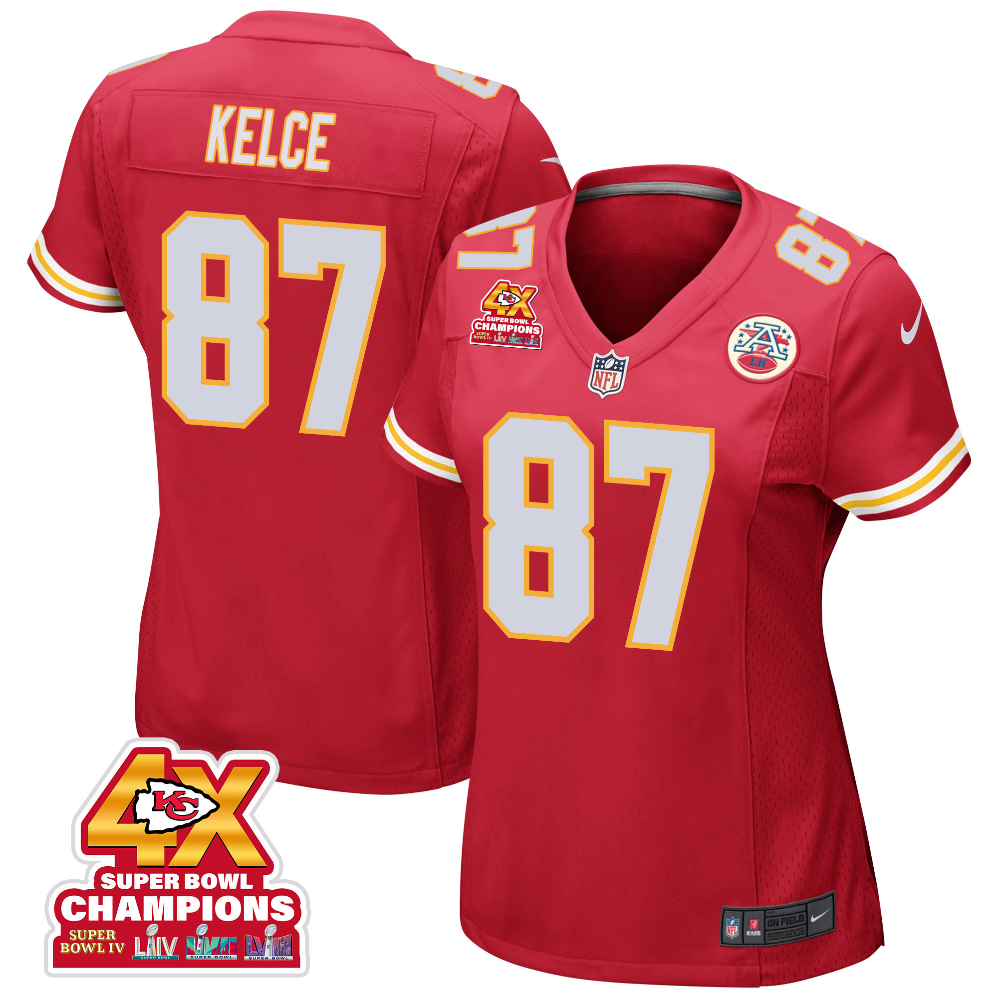Travis Kelce 87 Kansas City Chiefs Super Bowl LVIII Champions 4X Game Women Jersey - Red JS6443 Saliibo