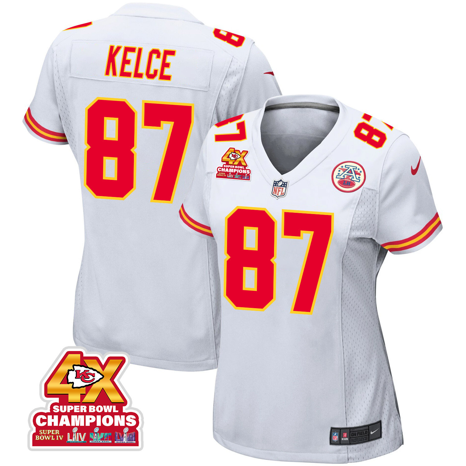 Travis Kelce 87 Kansas City Chiefs Super Bowl LVIII Champions 4X Game Women Jersey - White JS7862 Saliibo