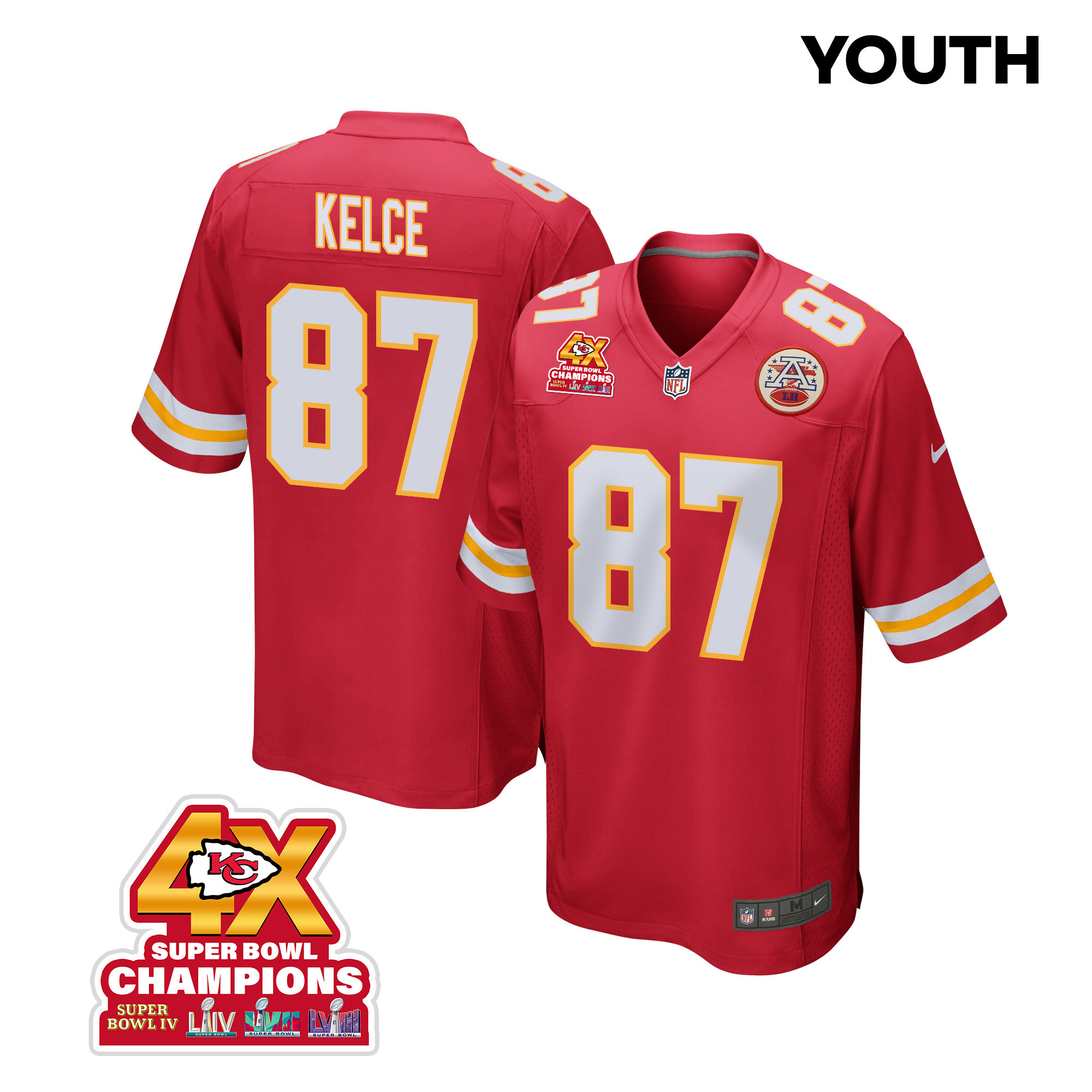 Travis Kelce 87 Kansas City Chiefs Super Bowl LVIII Champions 4X Game YOUTH Jersey - Red JS9974 Saliibo
