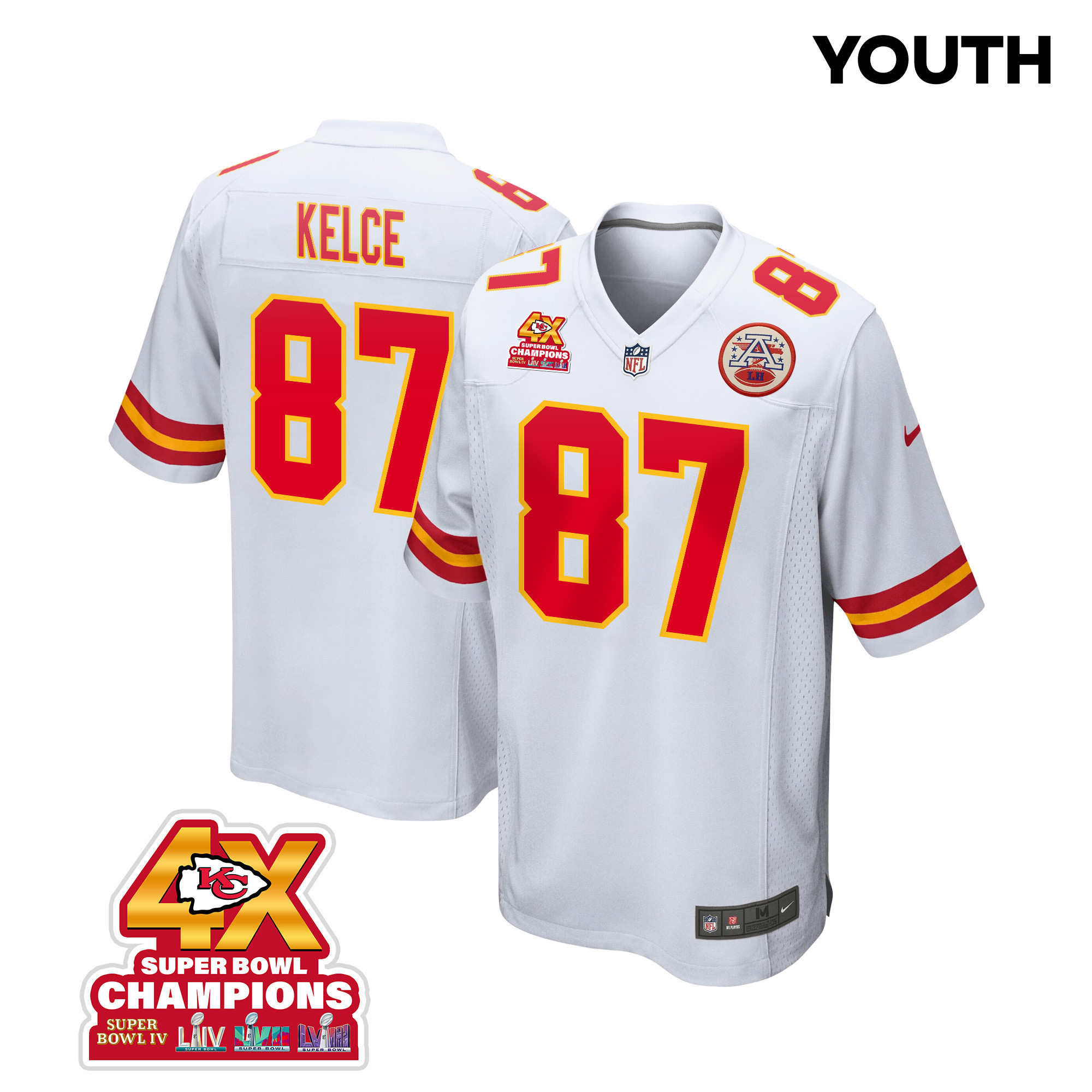 Travis Kelce 87 Kansas City Chiefs Super Bowl LVIII Champions 4X Game YOUTH Jersey - White JS5062 Saliibo