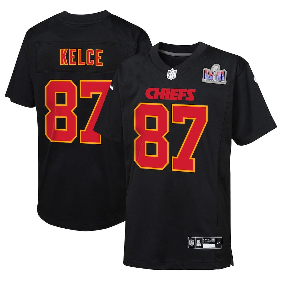 Travis Kelce 87 Kansas City Chiefs Super Bowl LVIII Patch Fashion Game YOUTH Jersey - Carbon Black JS6415 Saliibo