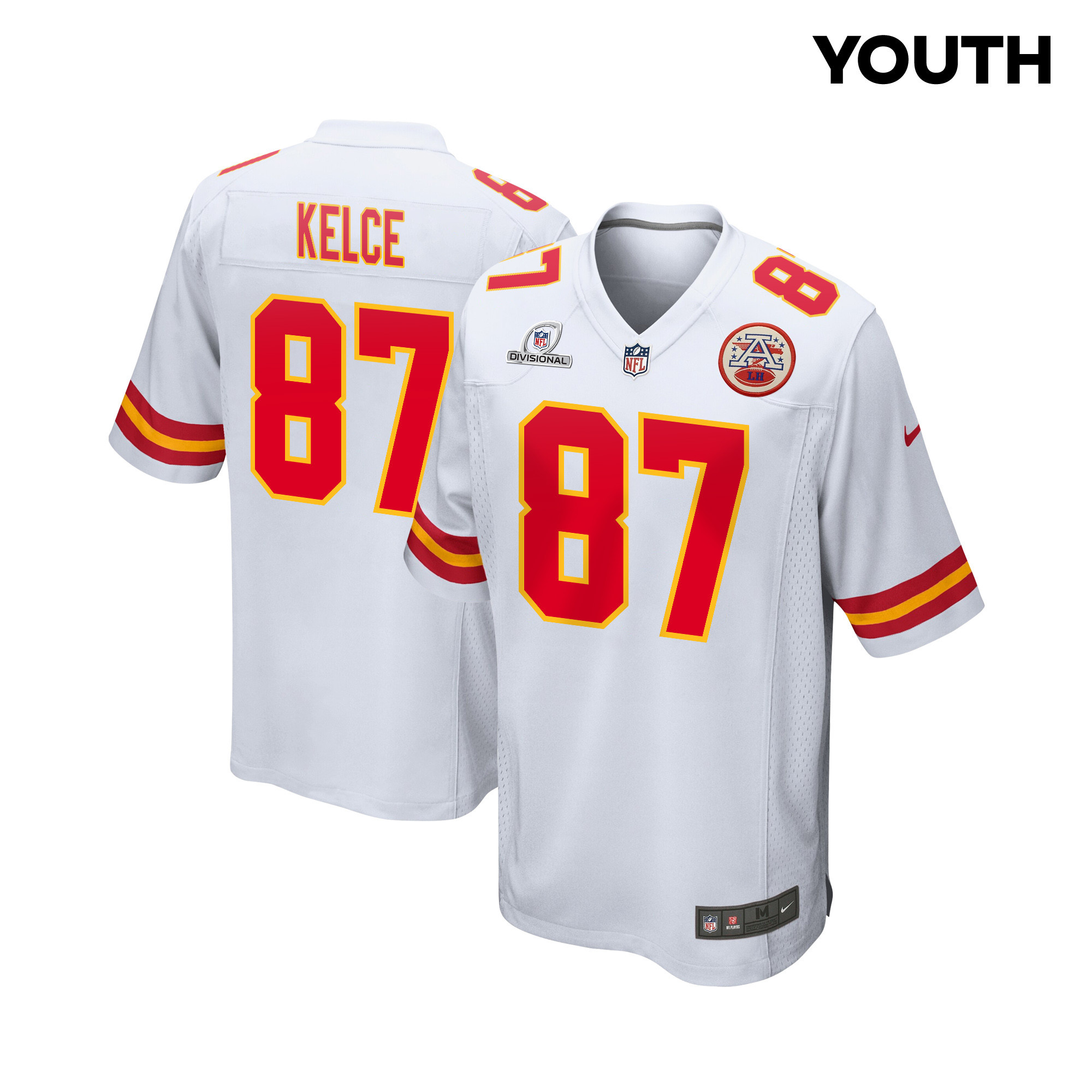 Travis Kelce 87 Kansas City Chiefs Super Bowl LVIII Patch Game YOUTH Jersey - White JS1823 Saliibo
