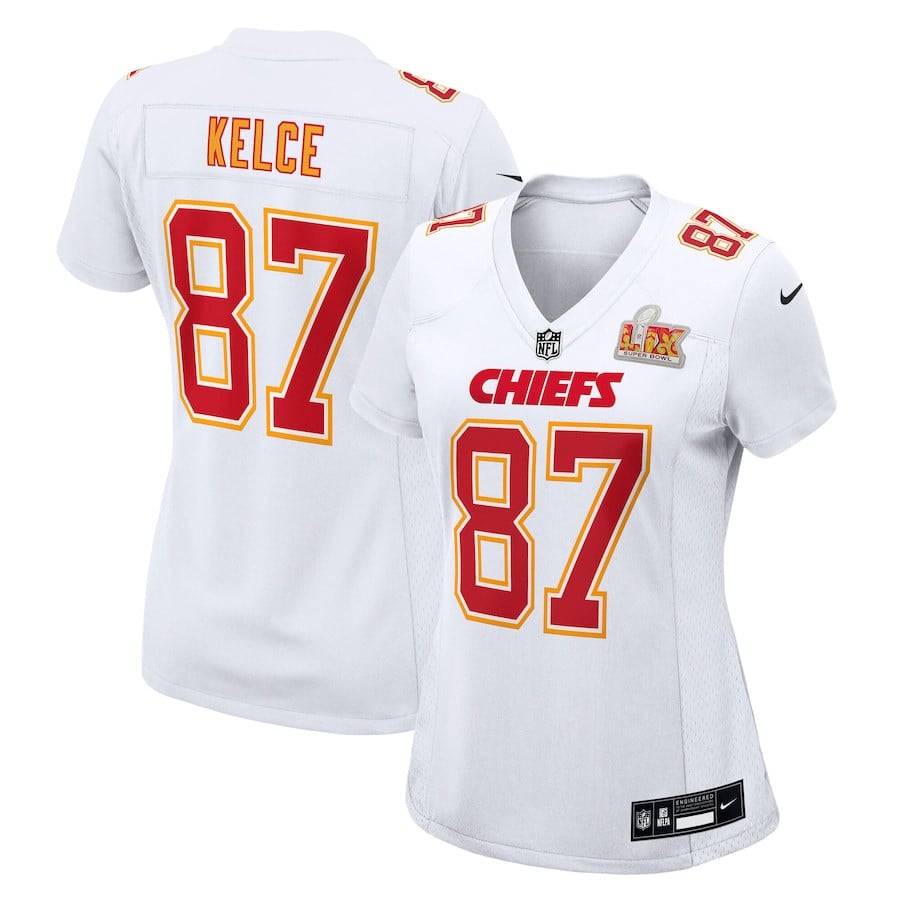 Travis Kelce 87 Kansas City Chiefs Women's Super Bowl LIX Fashion Game Jersey - Tundra White JS2425 Saliibo