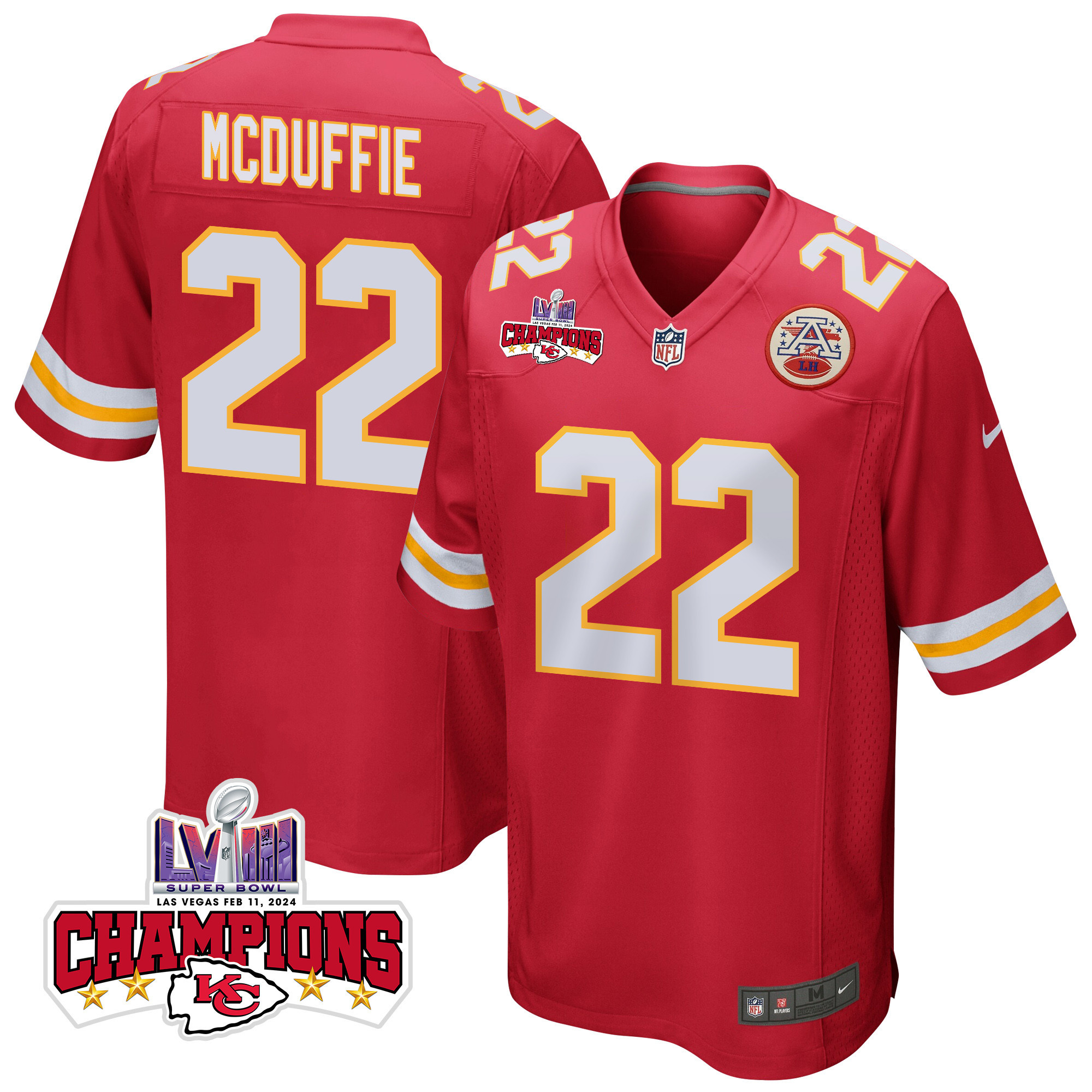 Trent McDuffie 22 Kansas City Chiefs Super Bowl LVIII Champions 4 Stars Patch Game Men Jersey - Red JS2917 Saliibo