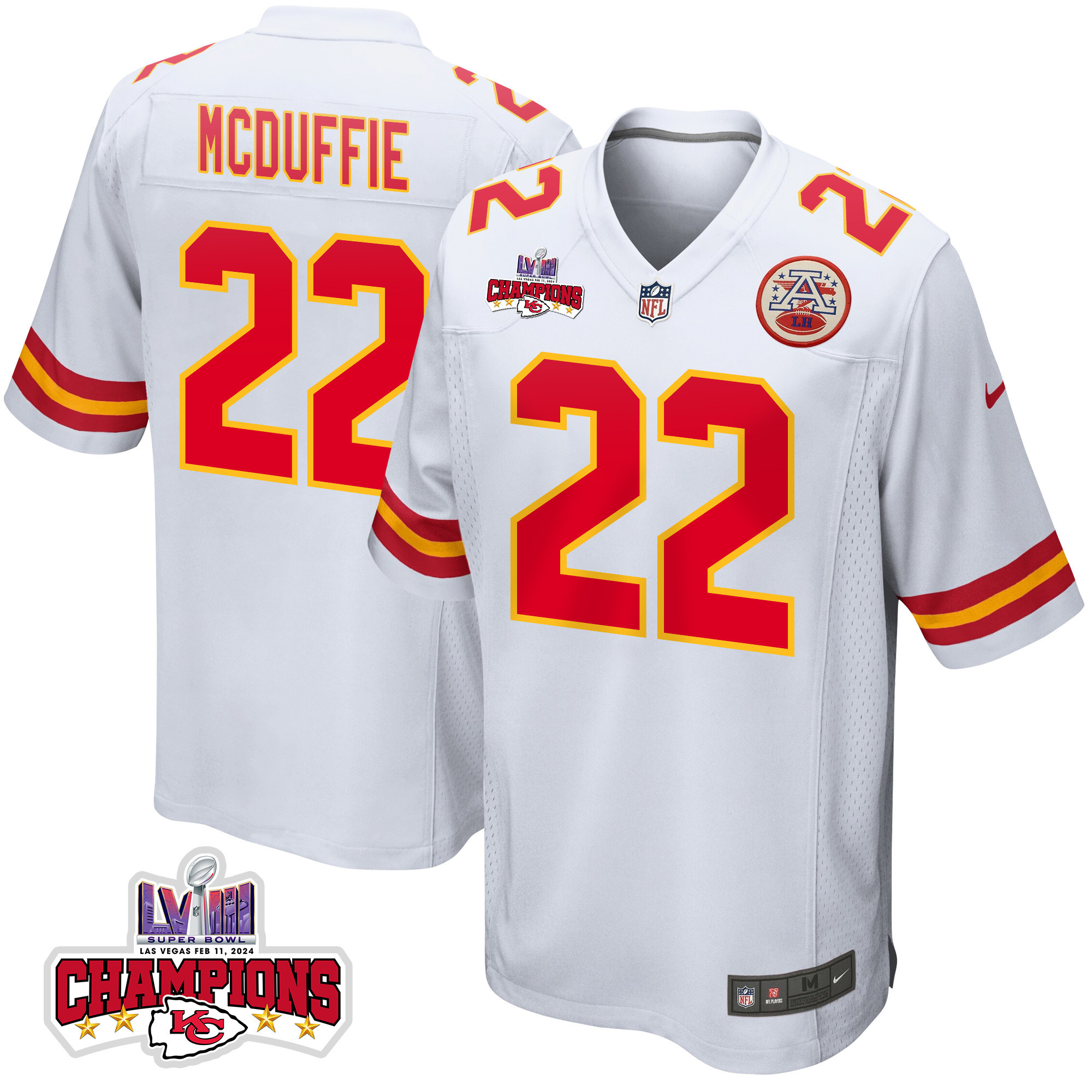 Trent McDuffie 22 Kansas City Chiefs Super Bowl LVIII Champions 4 Stars Patch Game Men Jersey - White JS7186 Saliibo