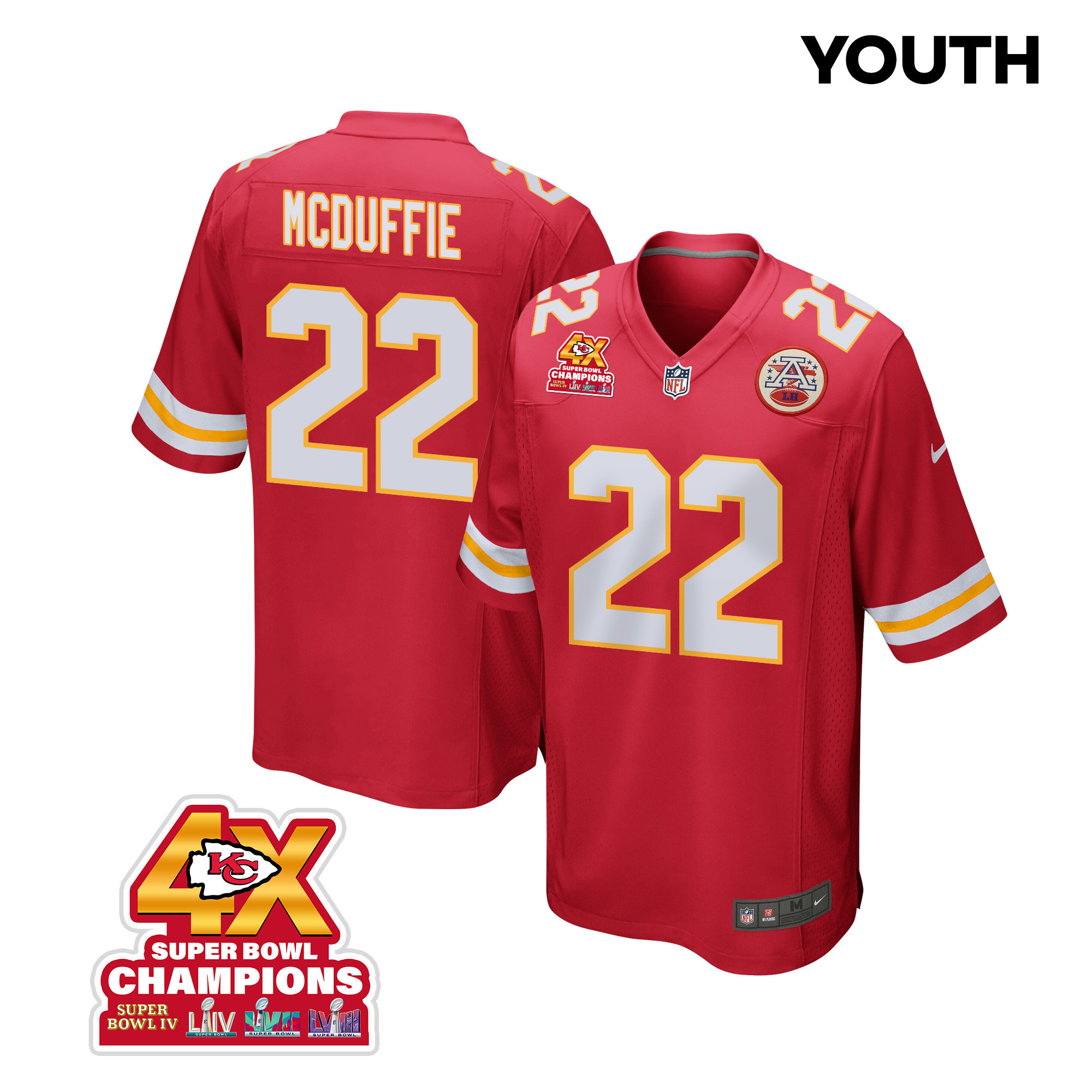 Trent McDuffie 22 Kansas City Chiefs Super Bowl LVIII Champions 4X Game YOUTH Jersey - Red JS7952 Saliibo