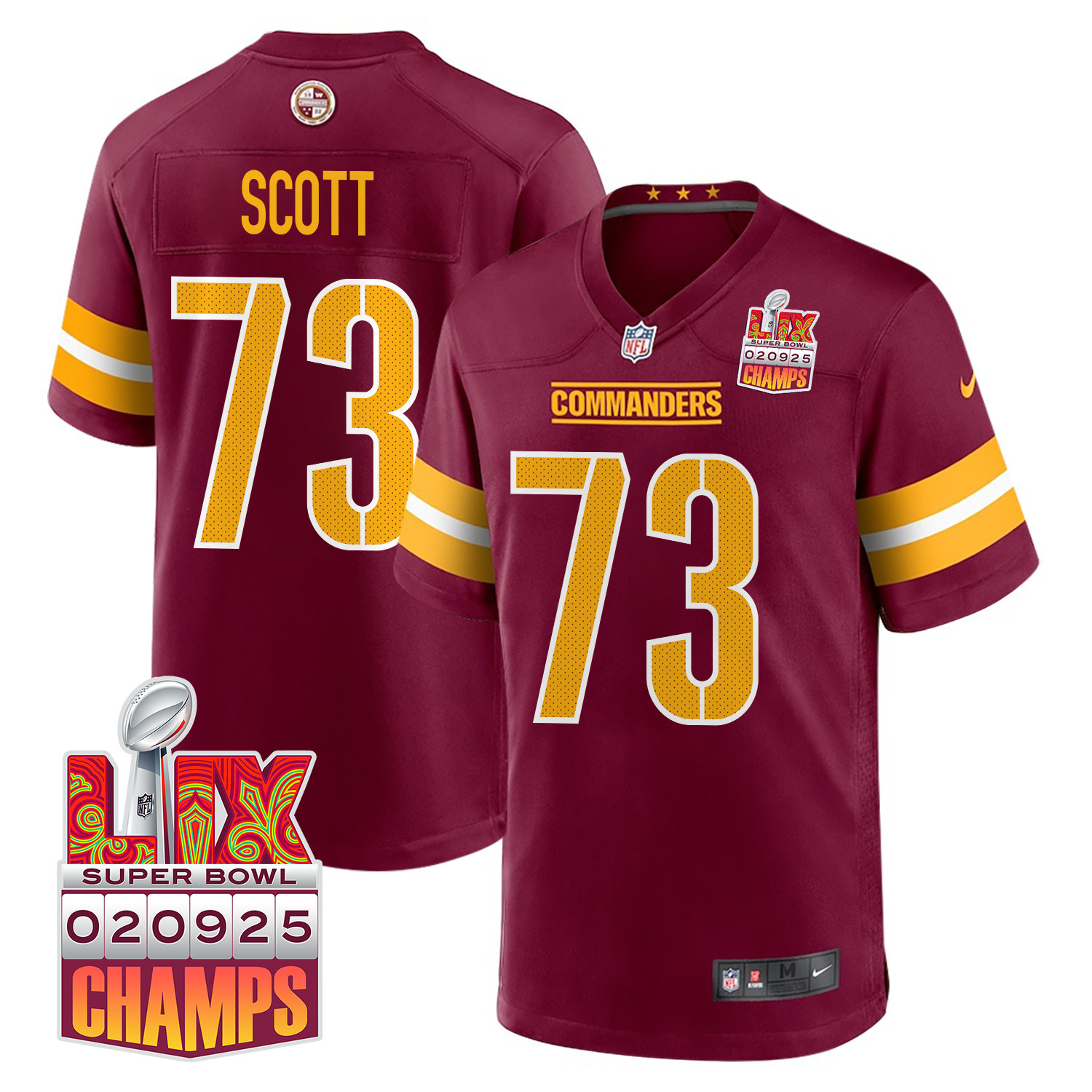 Trent Scott 73 Washington Commanders Super Bowl LIX Champions Patch Game Men Jersey - Burgundy JS1602 Saliibo