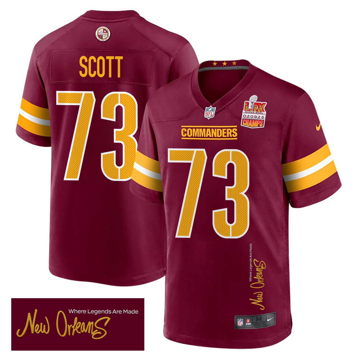 Trent Scott 73 Washington Commanders Super Bowl LIX Champions Patch 'New Orleans - Where Legends Are Made' EMBROIDERED Game Men Jersey - Burgundy JS2398 Saliibo