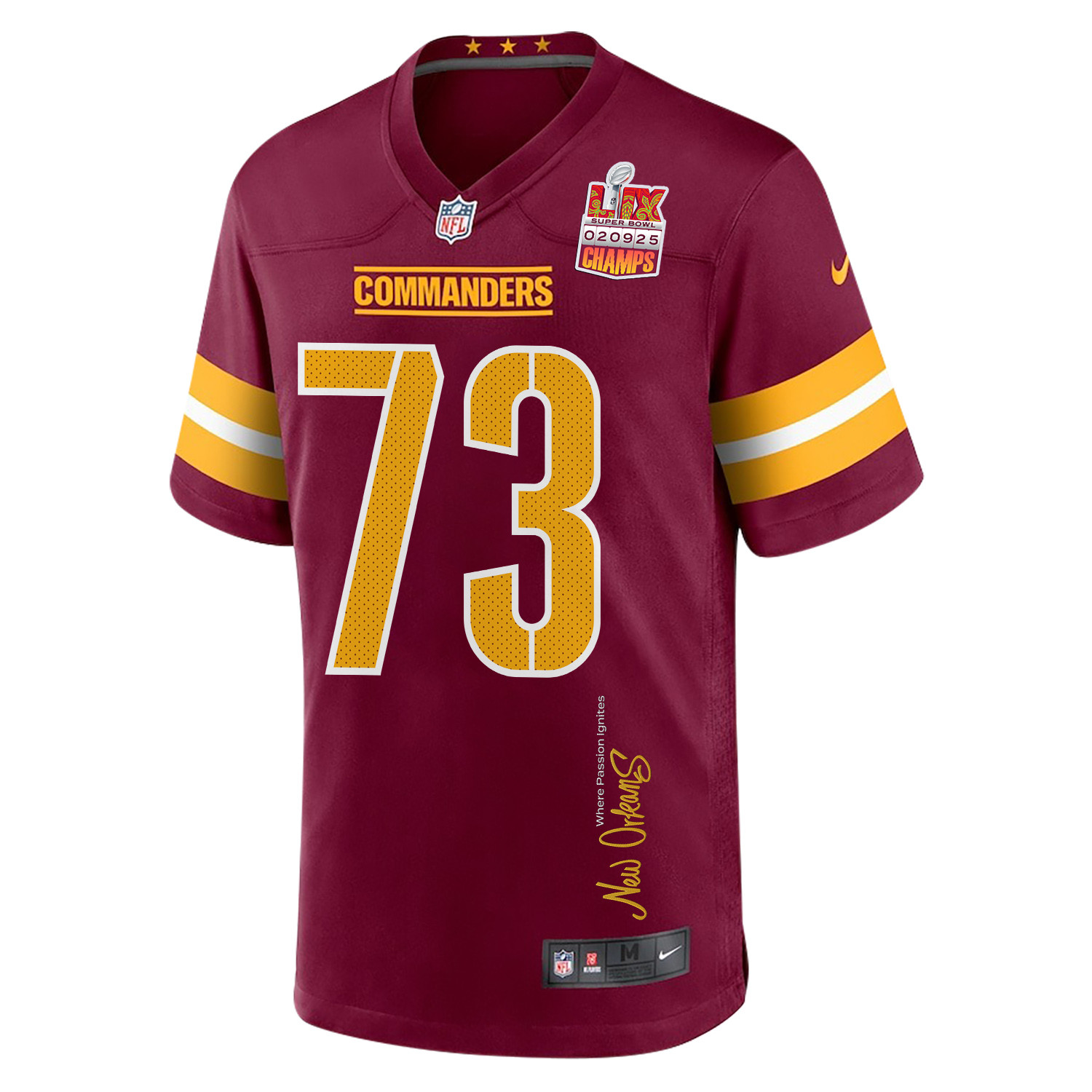 Trent Scott 73 Washington Commanders Super Bowl LIX Champions Patch 'New Orleans - Where Passion Ignites' EMBROIDERED Game Men Jersey - Burgundy JS9130 Saliibo - Image 3