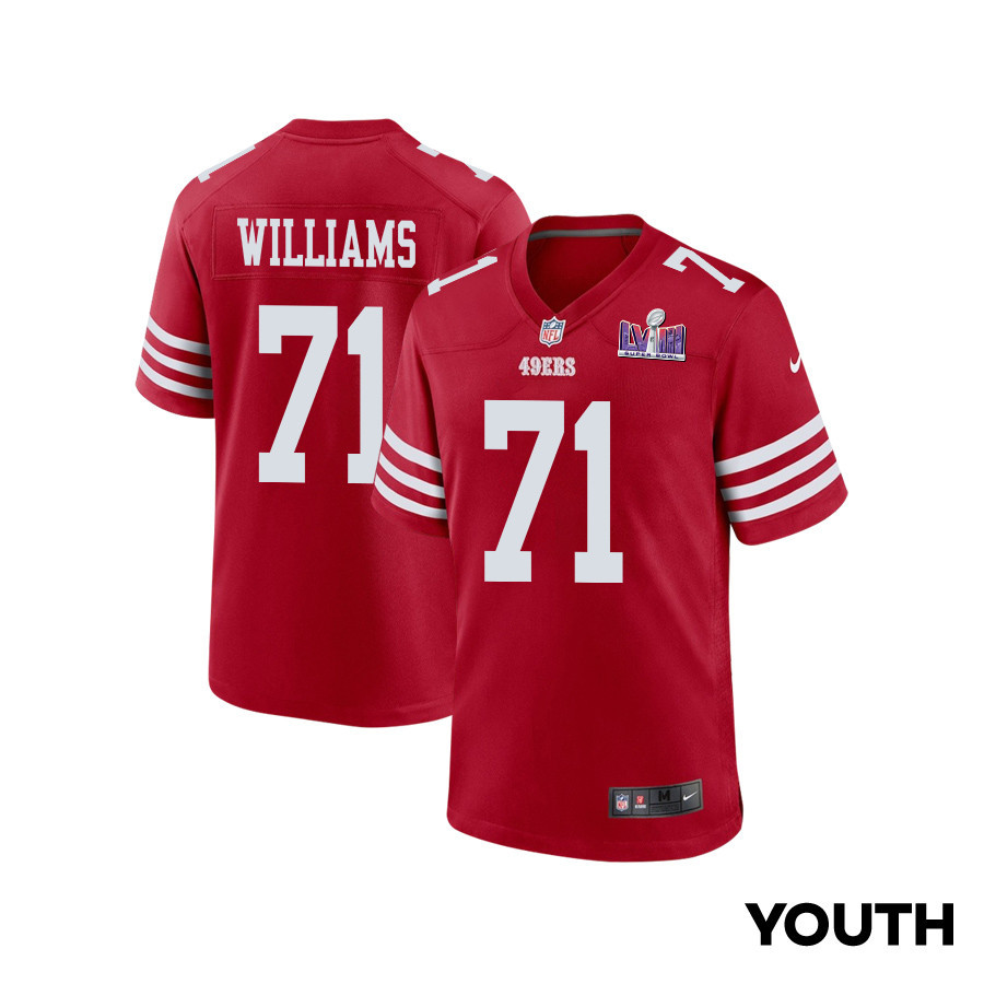 Trent Williams 71 San Francisco 49ers Super Bowl LVIII Patch Game YOUTH Jersey - Scarlet JS1223 Saliibo