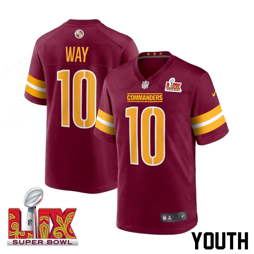Tress Way #10 Washington Commanders Super Bowl LIX Youth Jersey - Burgundy JS7496 Saliibo