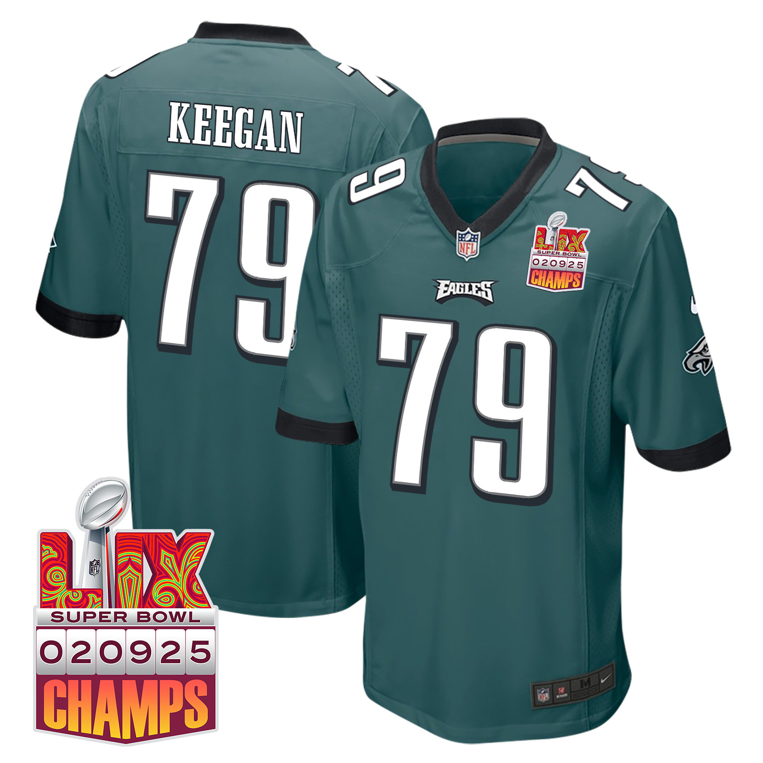 Trevor Keegan 79 Philadelphia Eagles Super Bowl LIX Champions Patch Game Men Jersey - Midnight Green JS7059 Saliibo