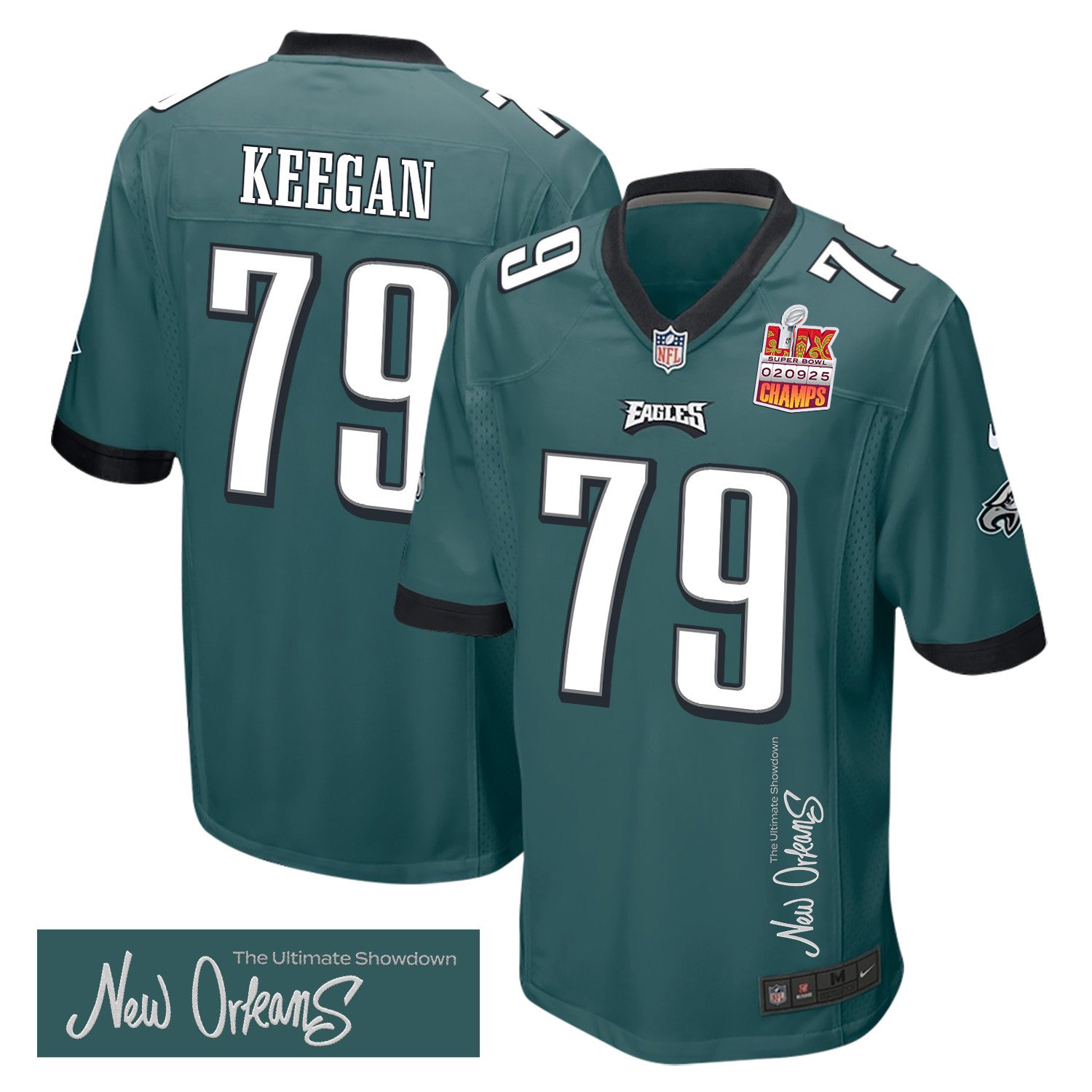 Trevor Keegan 79 Philadelphia Eagles Super Bowl LIX Champions Patch 'New Orleans - The Ultimate Showdown' EMBROIDERED Game Men Jersey - Midnight Green JS3632 Saliibo
