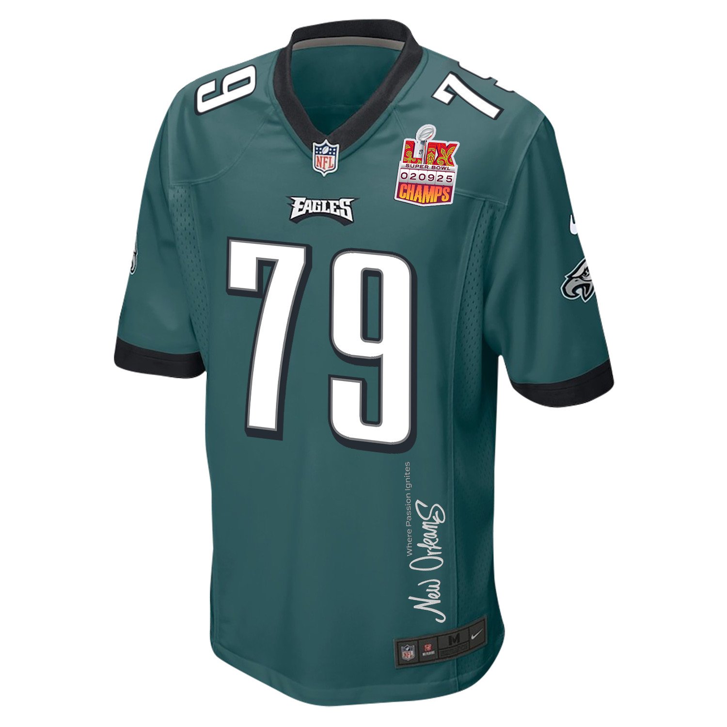 Trevor Keegan 79 Philadelphia Eagles Super Bowl LIX Champions Patch 'New Orleans - Where Passion Ignites' EMBROIDERED Game Men Jersey - Midnight Green JS6976 Saliibo - Image 3