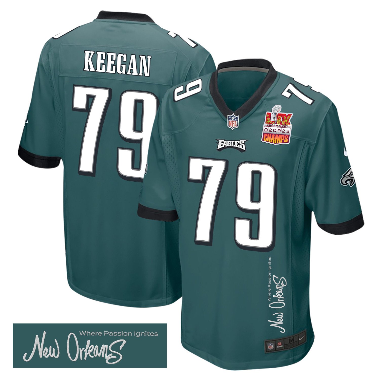 Trevor Keegan 79 Philadelphia Eagles Super Bowl LIX Champions Patch 'New Orleans - Where Passion Ignites' EMBROIDERED Game Men Jersey - Midnight Green JS6976 Saliibo