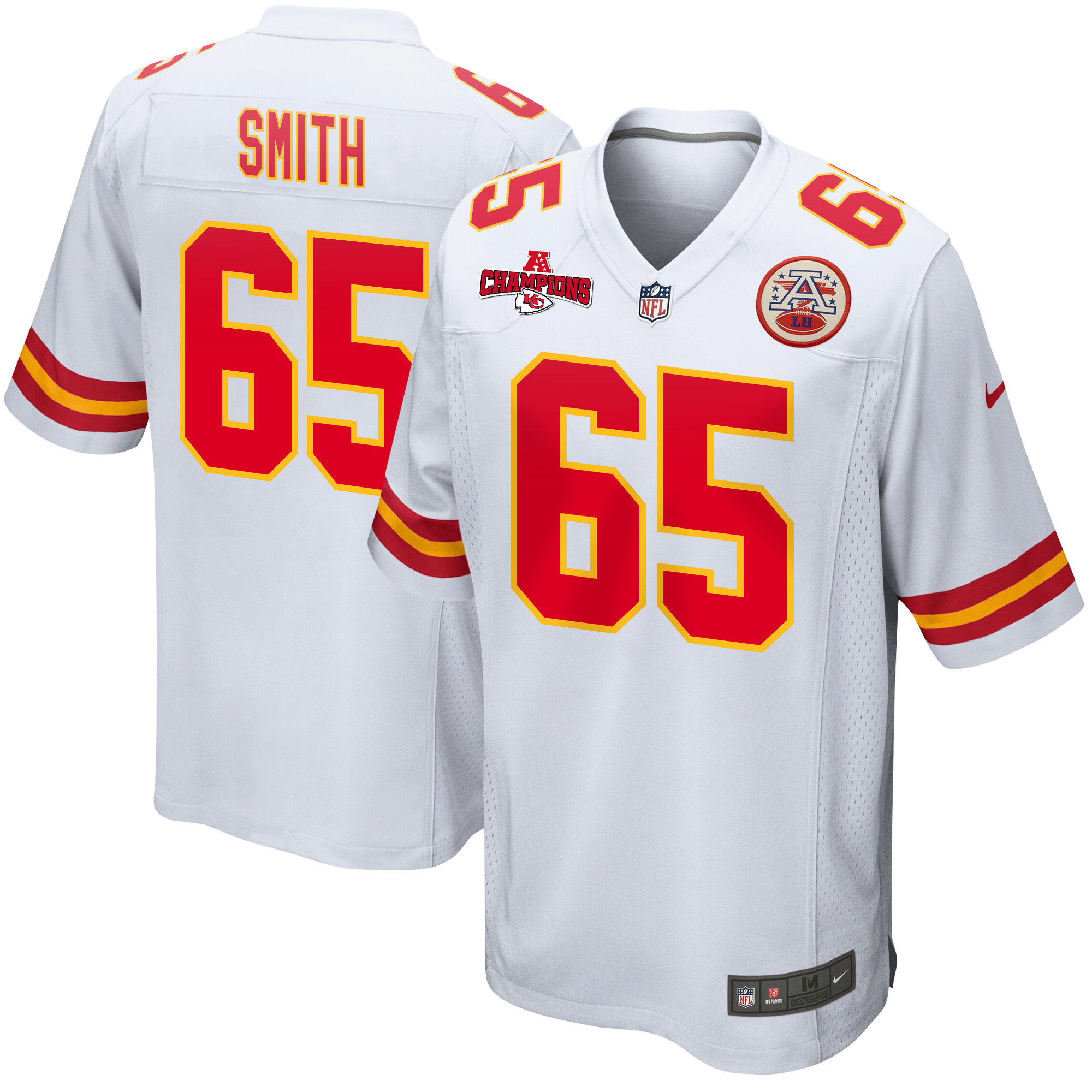 Trey Smith 65 Kansas City Chiefs AFC Champions Patch Game Men Jersey - White JS1686 Saliibo
