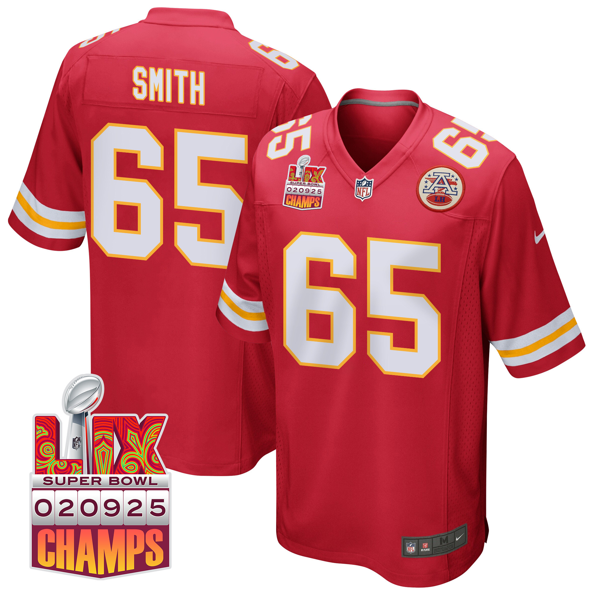 Trey Smith 65 Kansas City Chiefs Super Bowl LIX Champions Patch Game Men Jersey - Red JS9364 Saliibo