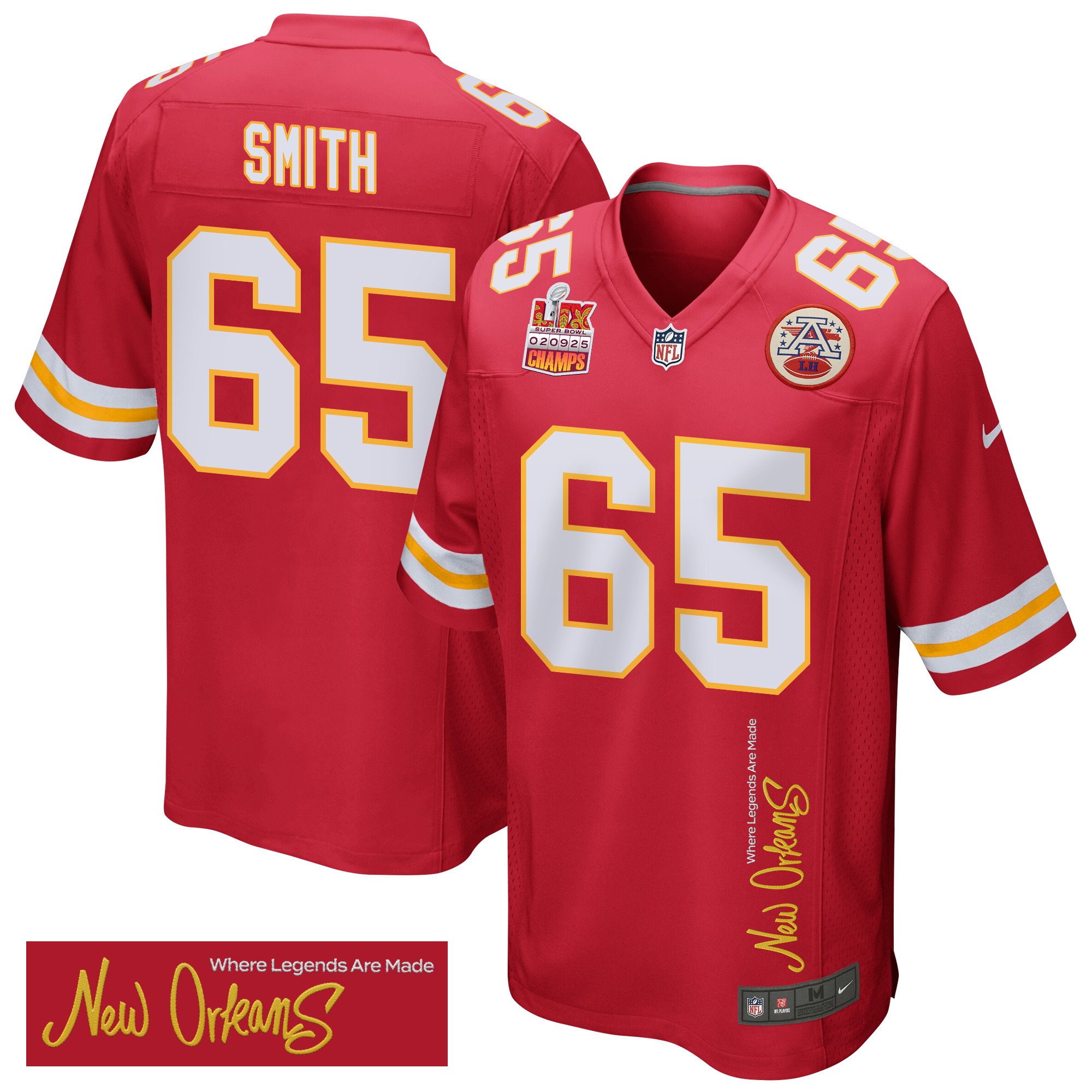 Trey Smith 65 Kansas City Chiefs Super Bowl LIX Champions Patch 'New Orleans - Where Legends Are Made' EMBROIDERED Game Men Jersey - Red JS5813 Saliibo
