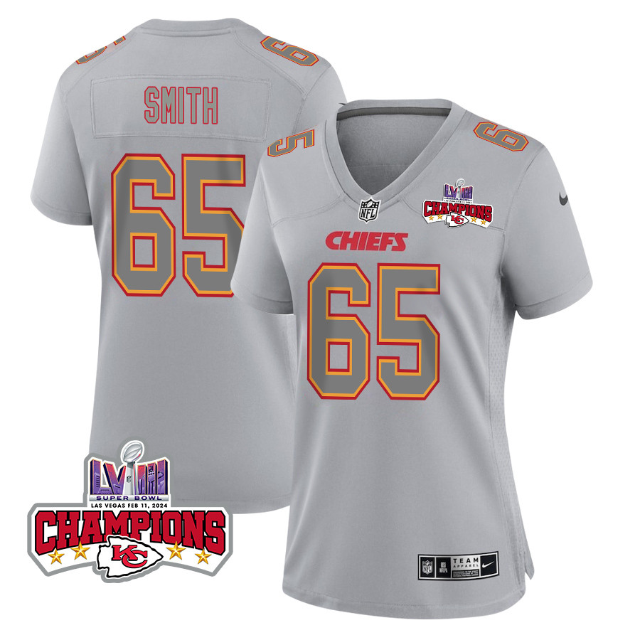 Trey Smith 65 Kansas City Chiefs Super Bowl LVIII Champions 4 Stars Patch Atmosphere Fashion Game Women Jersey - Gray JS4161 Saliibo