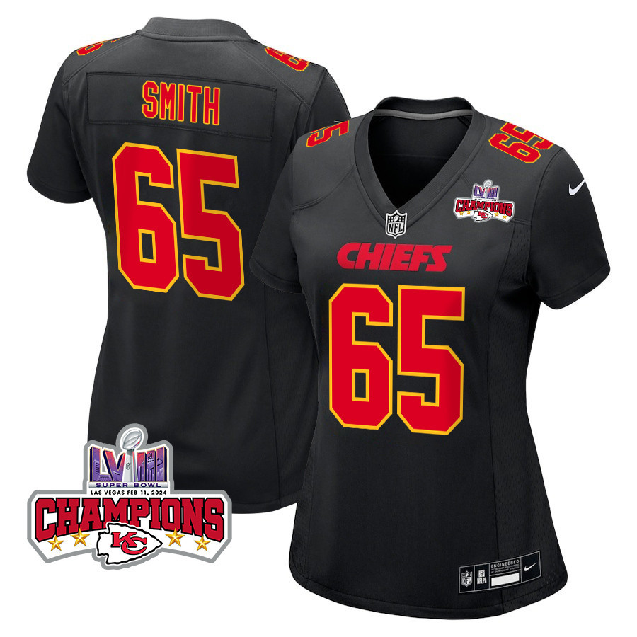 Trey Smith 65 Kansas City Chiefs Super Bowl LVIII Champions 4 Stars Patch Fashion Game Women Jersey - Carbon Black JS4582 Saliibo