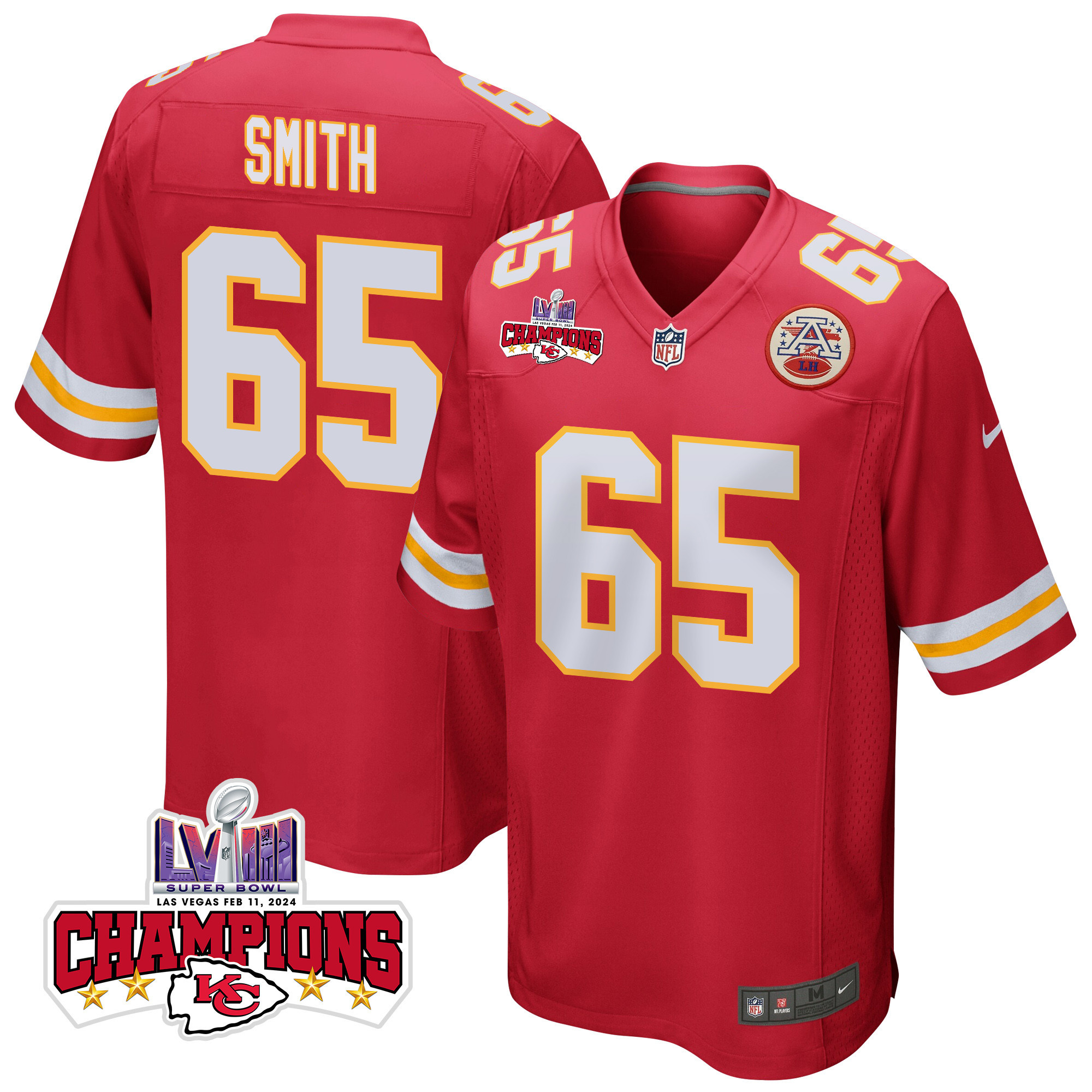 Trey Smith 65 Kansas City Chiefs Super Bowl LVIII Champions 4 Stars Patch Game Men Jersey - Red JS2015 Saliibo
