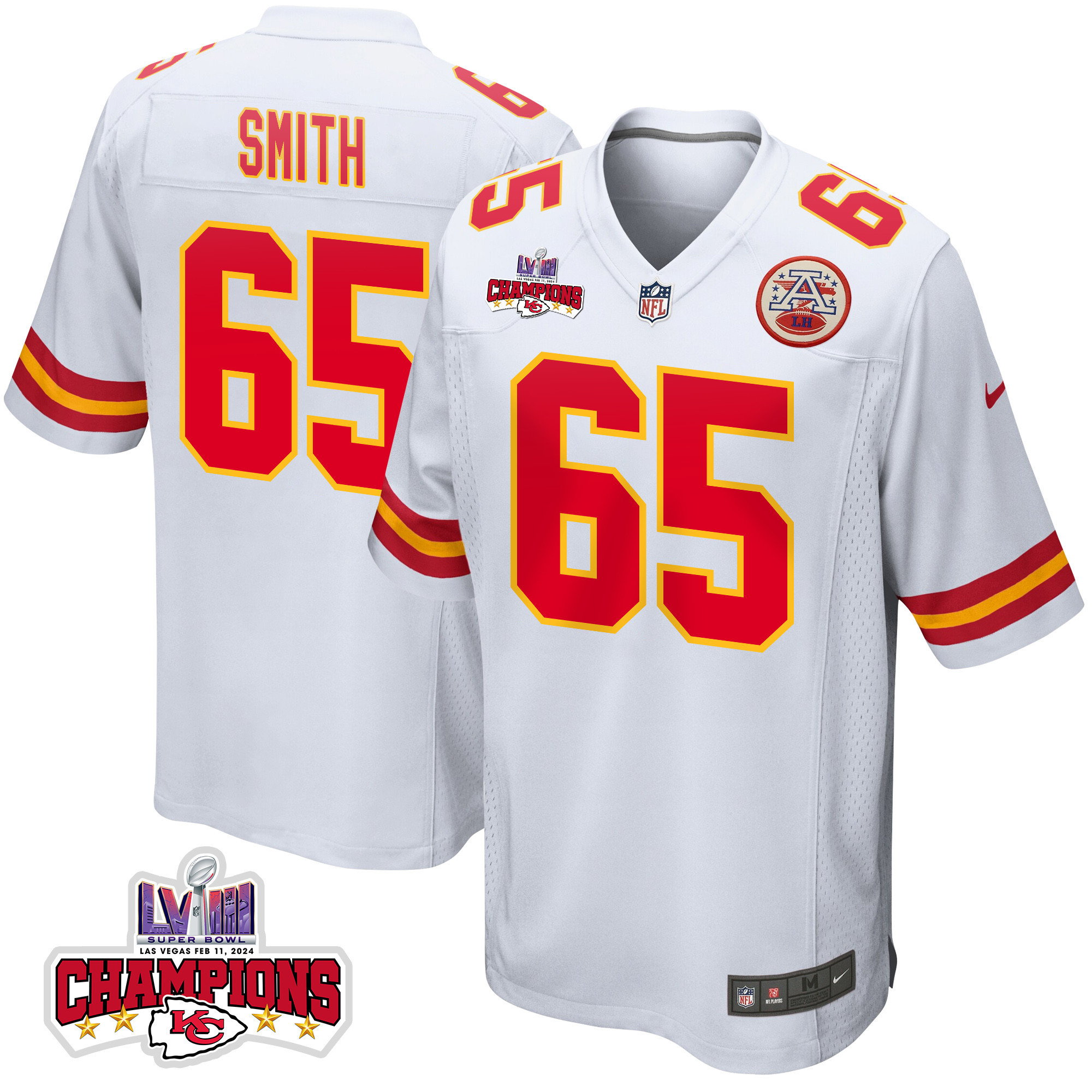Trey Smith 65 Kansas City Chiefs Super Bowl LVIII Champions 4 Stars Patch Game Men Jersey - White JS2968 Saliibo