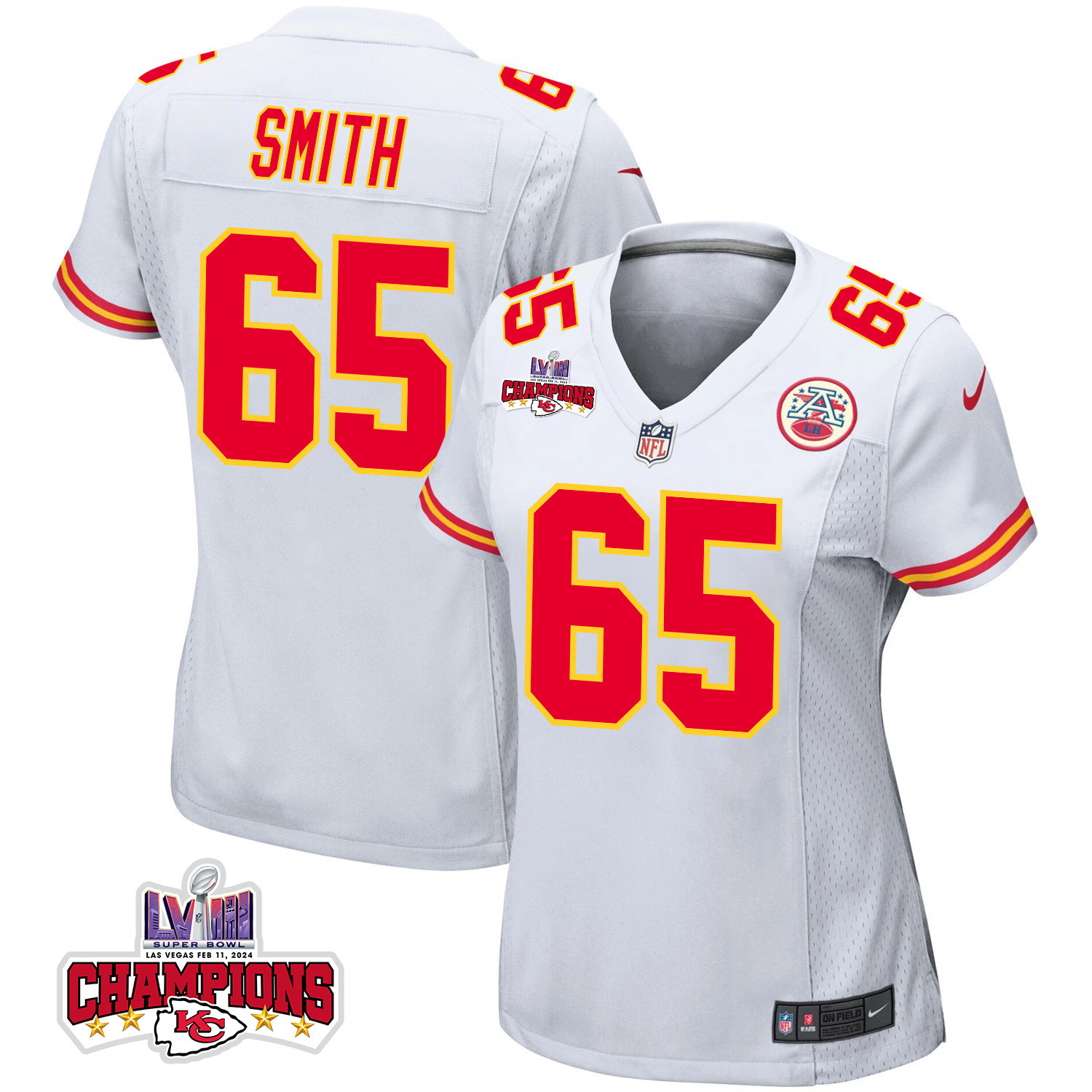 Trey Smith 65 Kansas City Chiefs Super Bowl LVIII Champions 4 Stars Patch Game Women Jersey - White JS8230 Saliibo