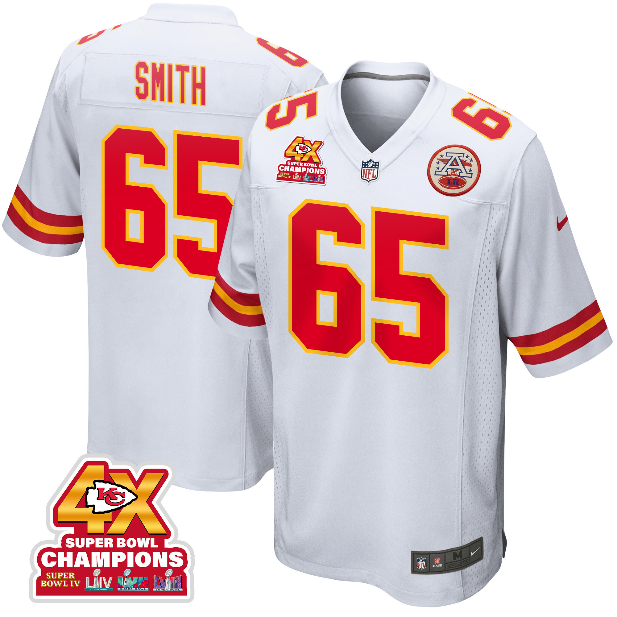 Trey Smith 65 Kansas City Chiefs Super Bowl LVIII Champions 4X Game Men Jersey - White JS1773 Saliibo